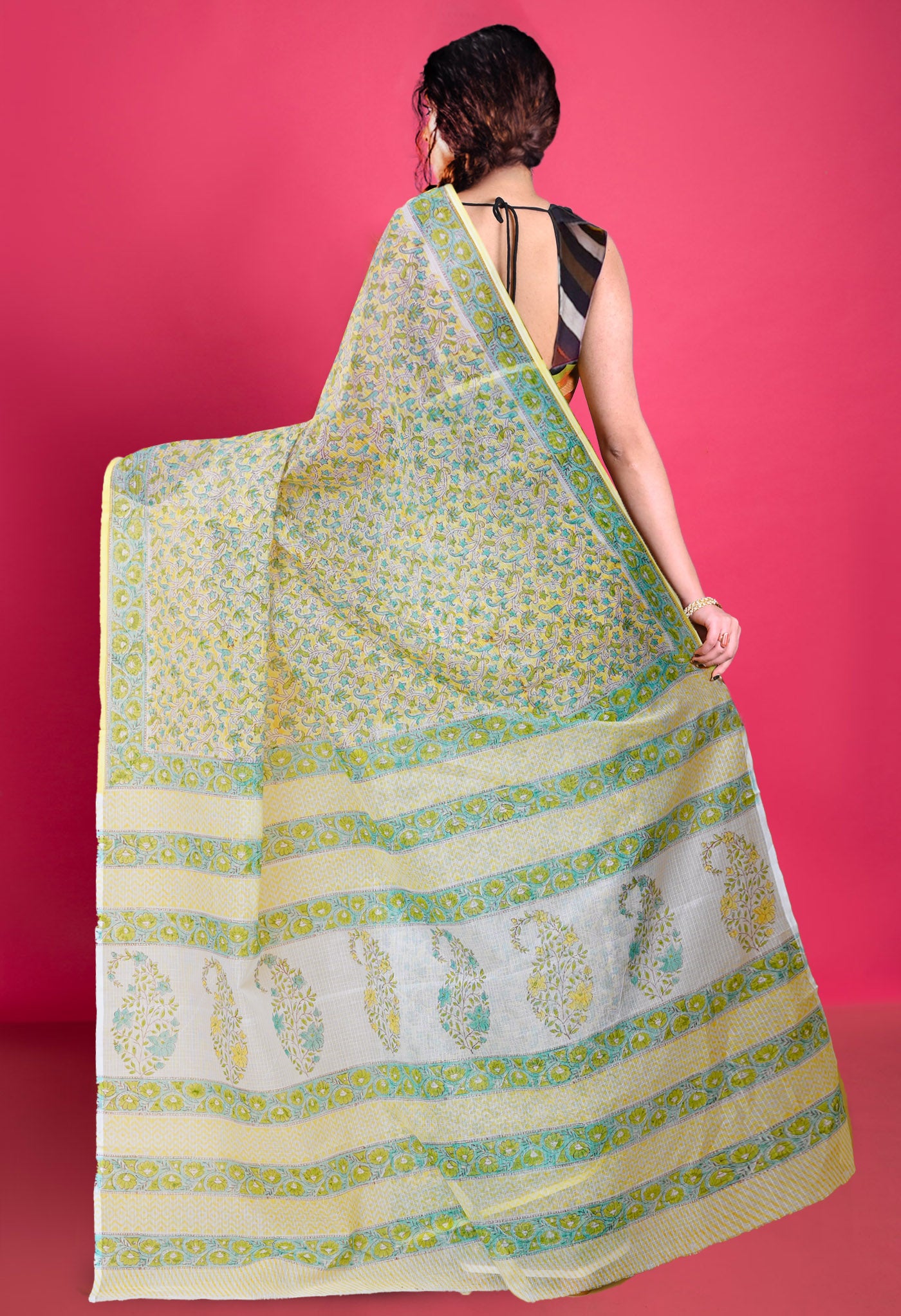 Yellow Pure Block Printed Kota Saree-UNM79958