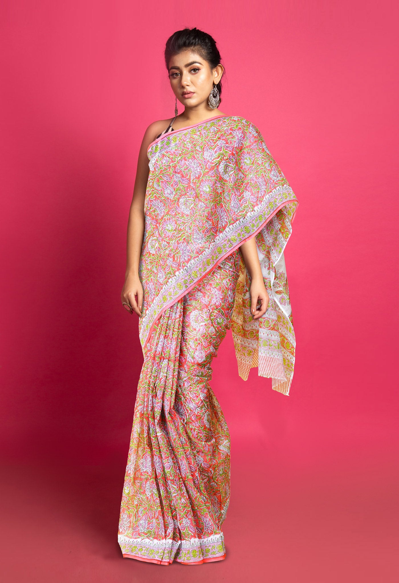 Peach Red Pure Block Printed Kota Saree-UNM79959