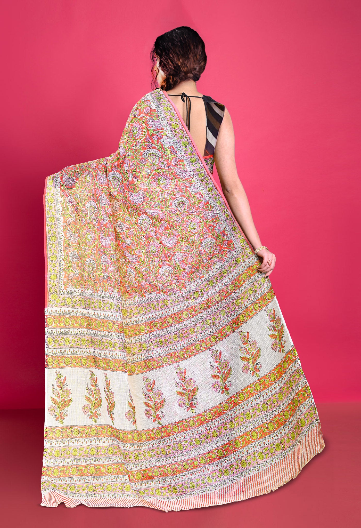 Peach Red Pure Block Printed Kota Saree-UNM79959