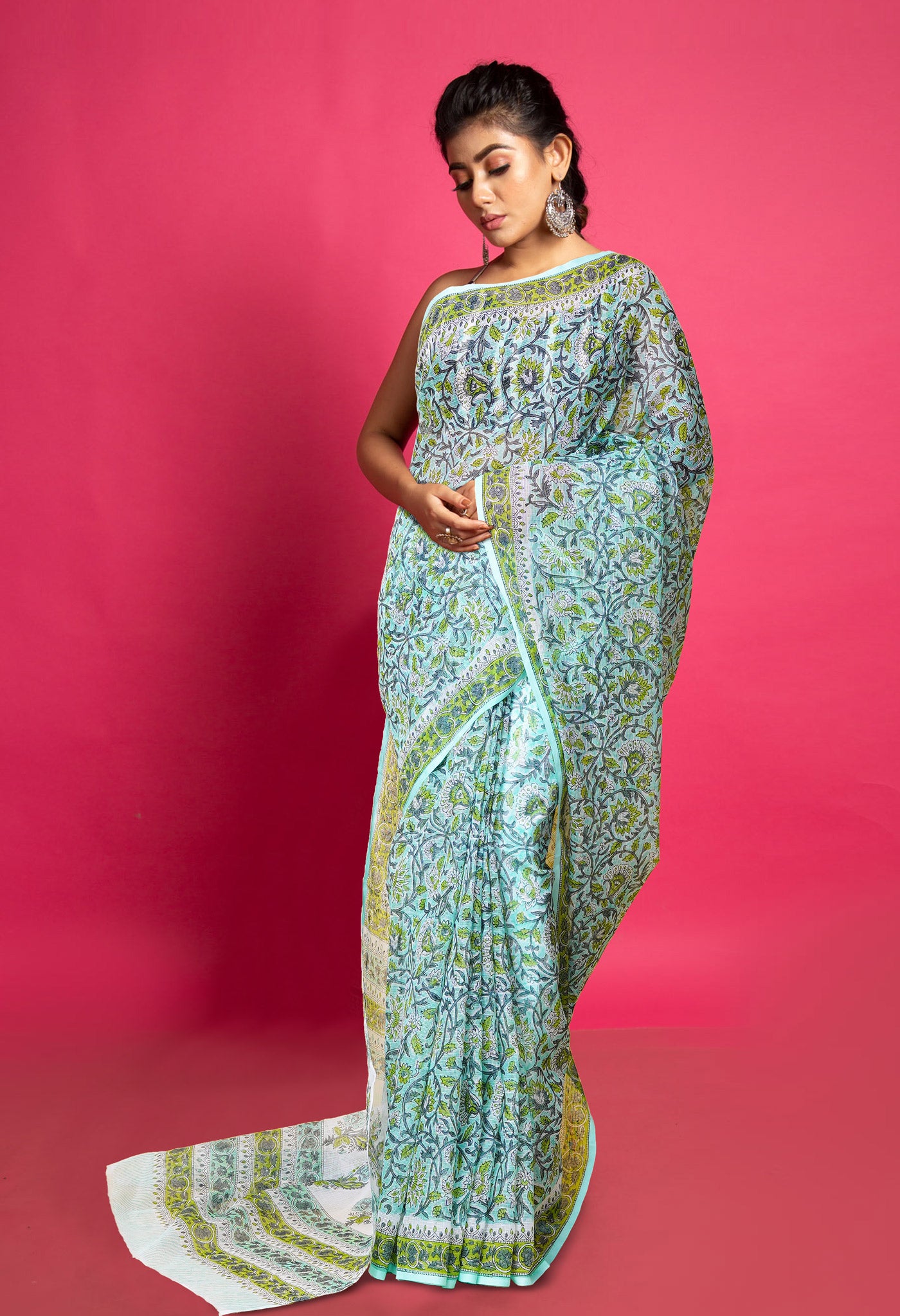 Turquoise Blue Pure Block Printed Kota Saree-UNM79960