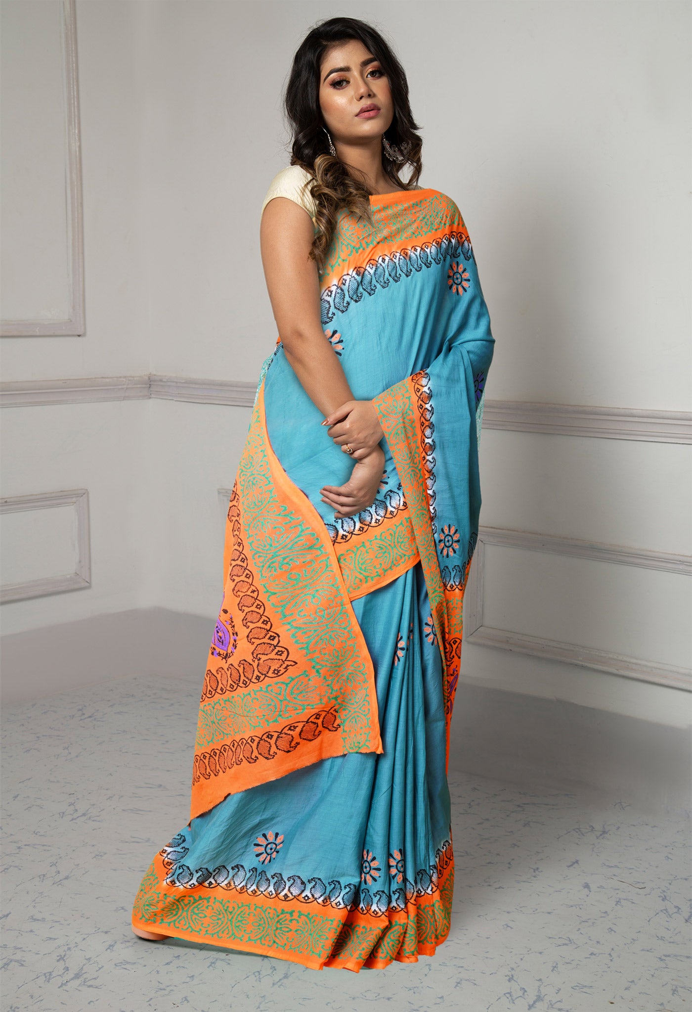 Pale Green-Orange Pure Dyed Hand Block printed Soft Cotton Saree-UNM79964