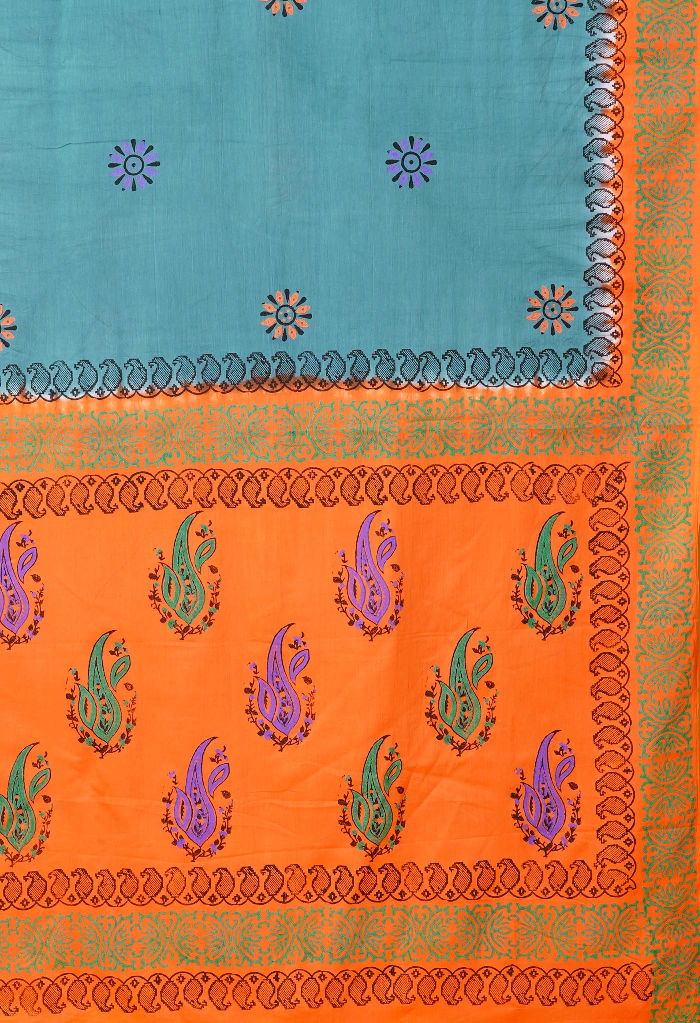 Pale Green-Orange Pure Dyed Hand Block printed Soft Cotton Saree-UNM79964