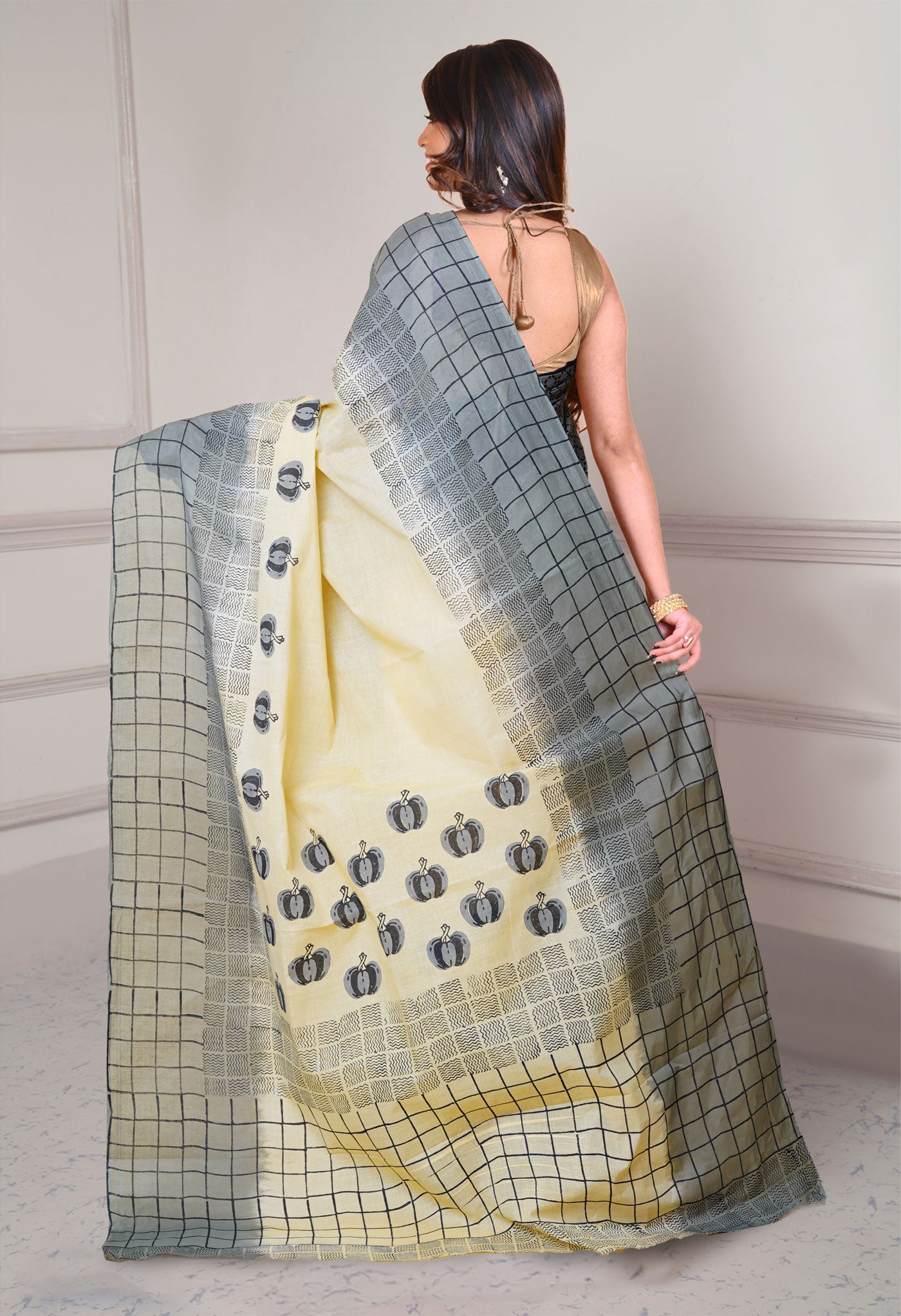 Cream-Grey Pure Dyed Hand Block printed Soft Cotton Saree-UNM79965