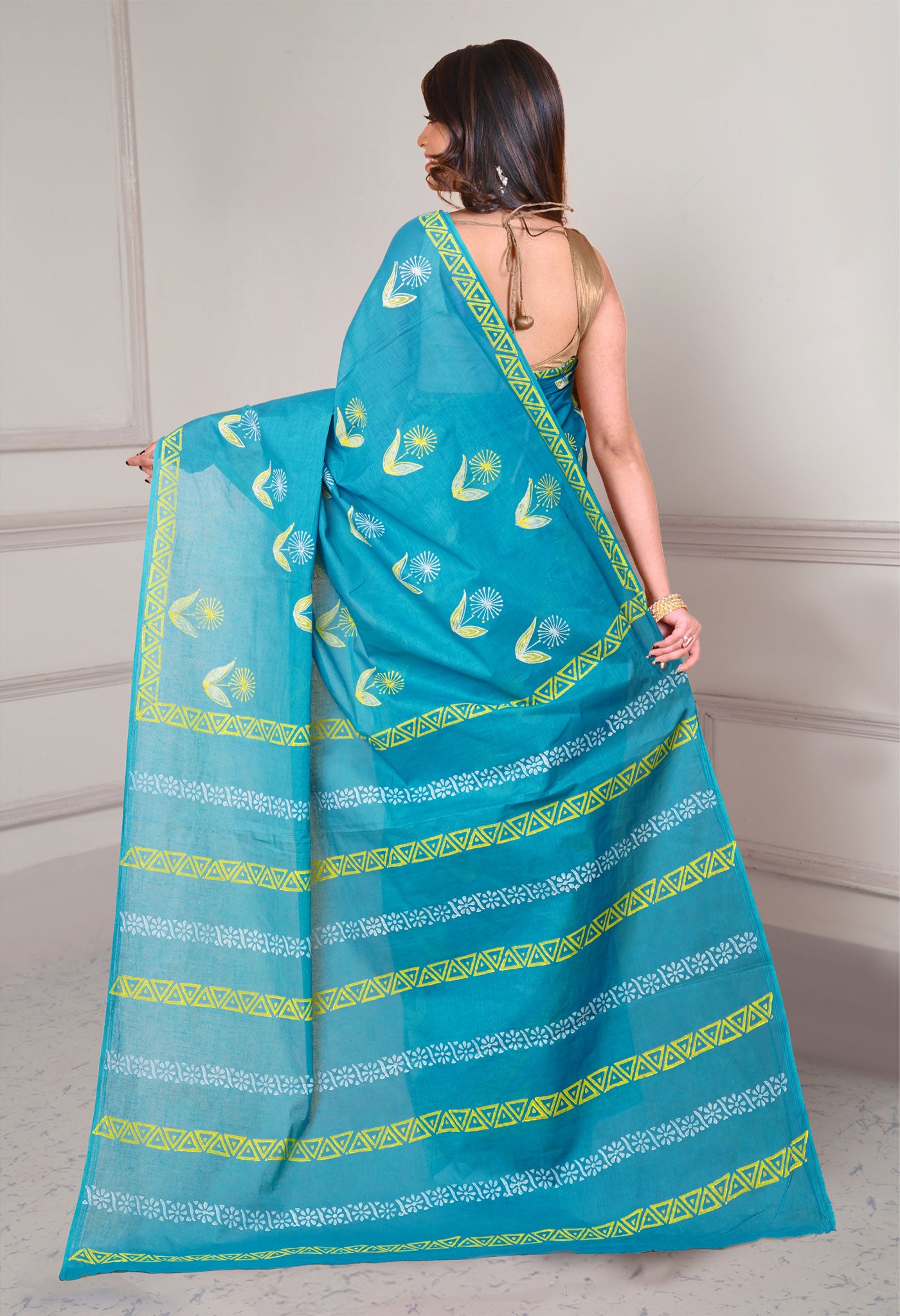 Turquoise Blue Pure Dyed Hand Block printed Soft Cotton Saree-UNM79967