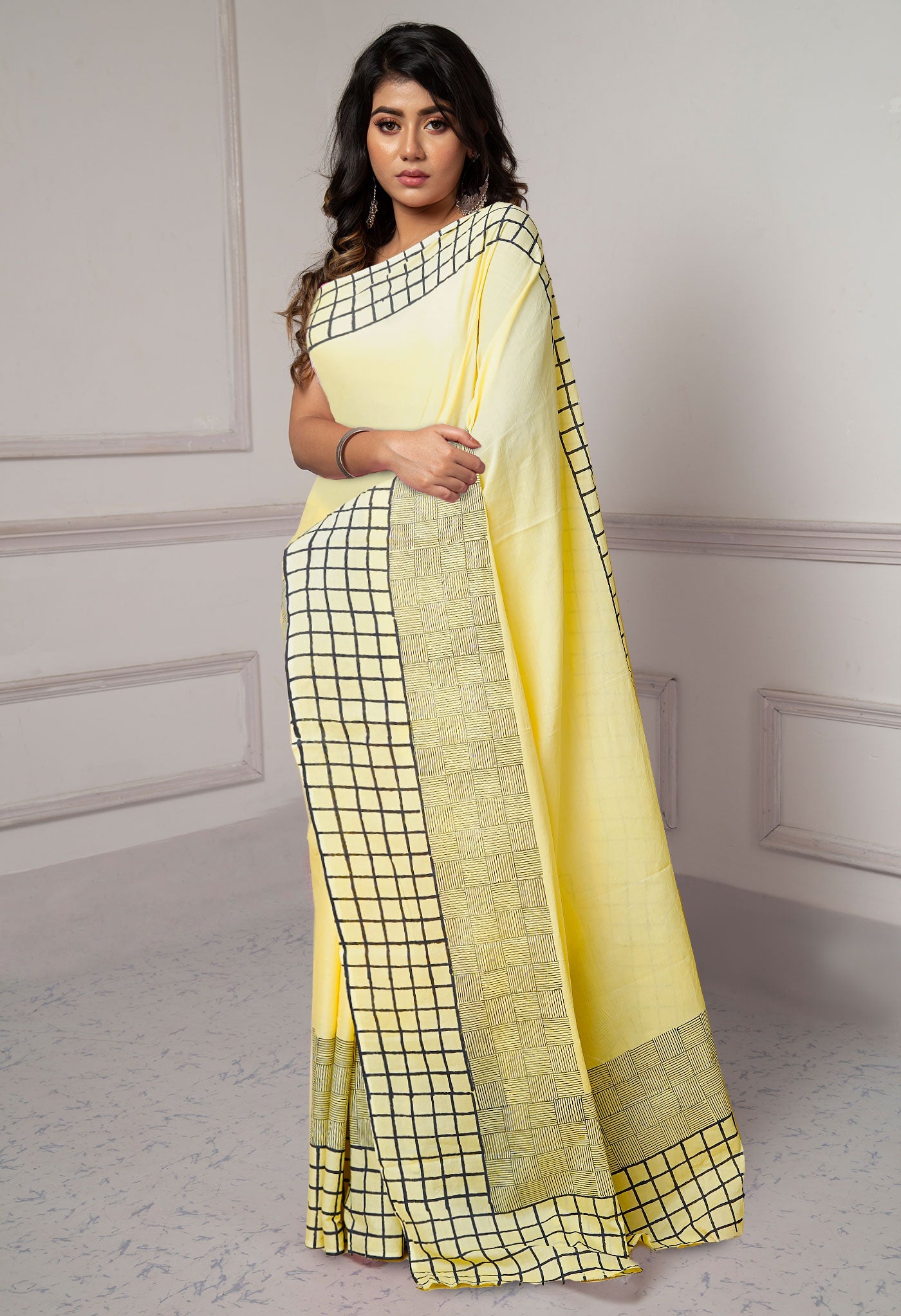 Cream Pure Dyed Hand Block printed Soft Cotton Saree-UNM79968