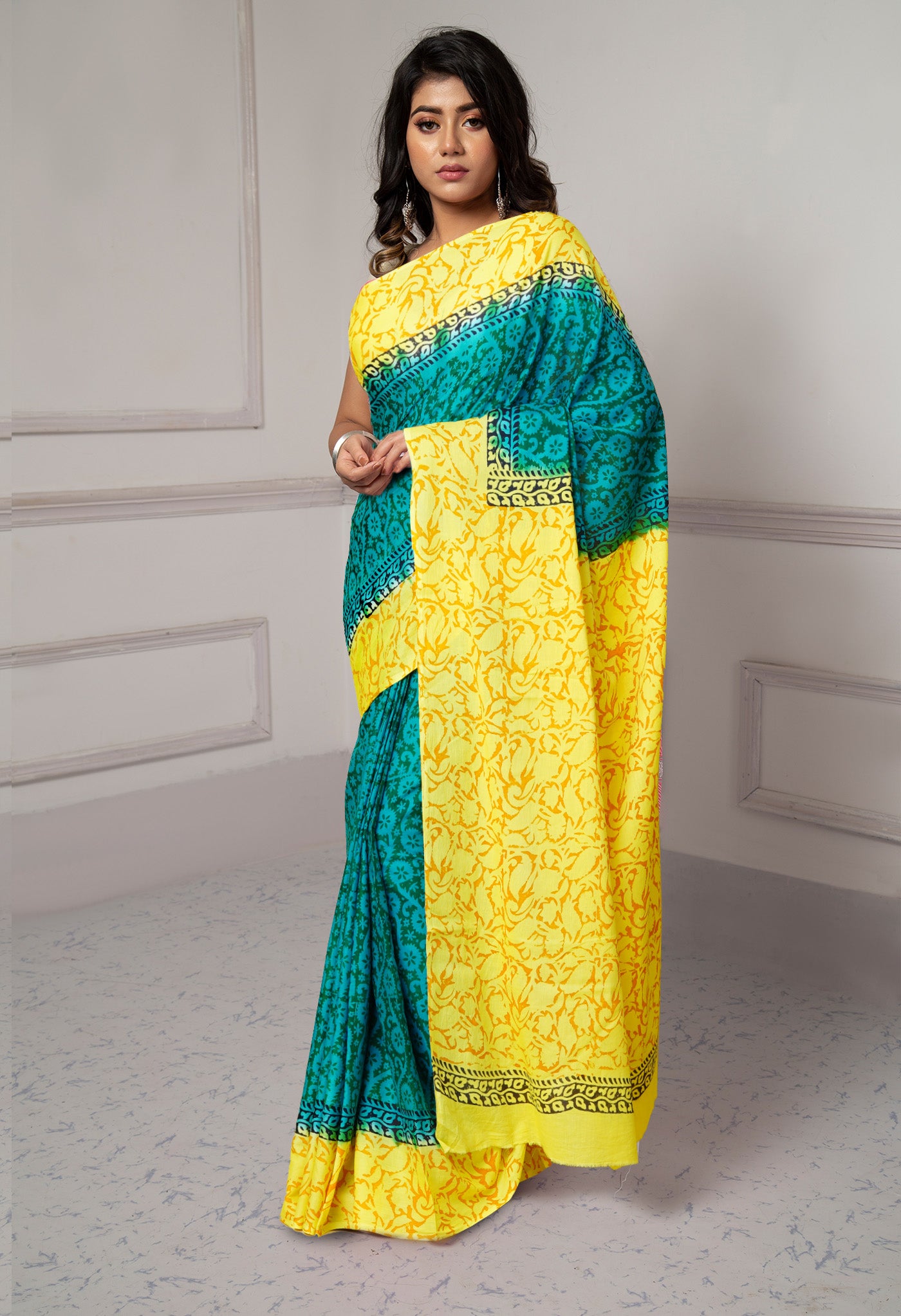 Green-Yellow Pure Dyed Hand Block printed Soft Cotton Saree-UNM79969