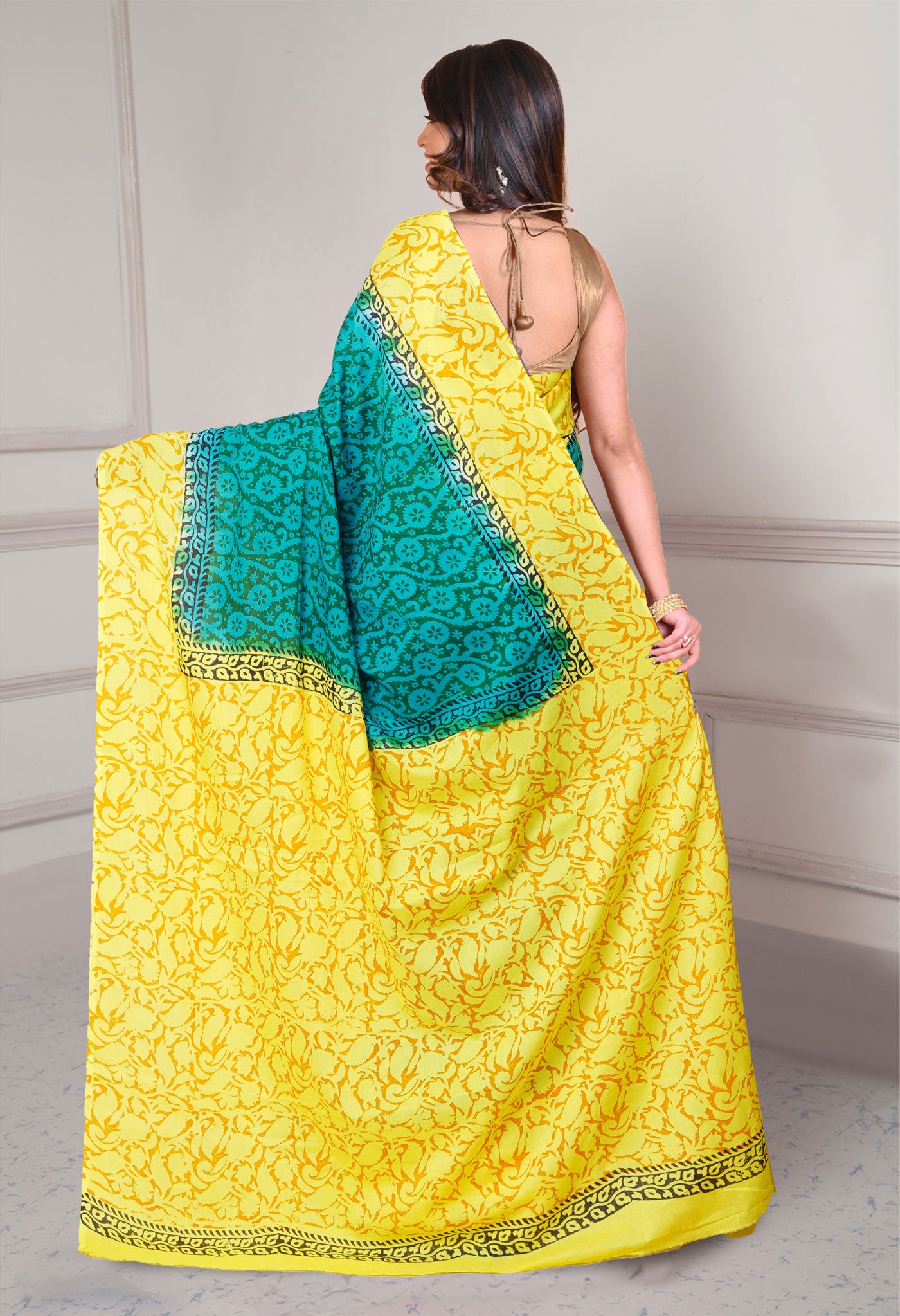 Green-Yellow Pure Dyed Hand Block printed Soft Cotton Saree-UNM79969