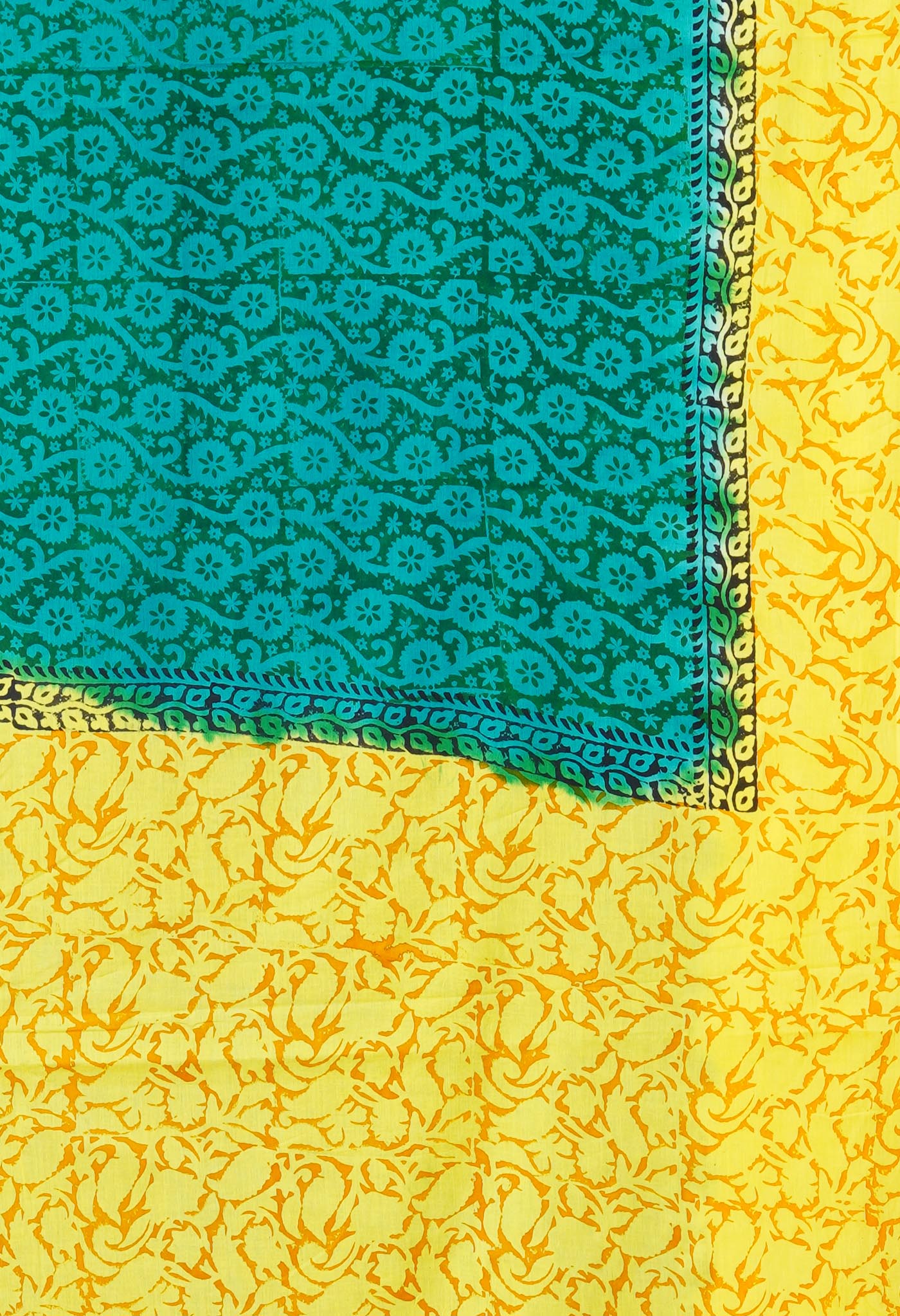 Green-Yellow Pure Dyed Hand Block printed Soft Cotton Saree-UNM79969