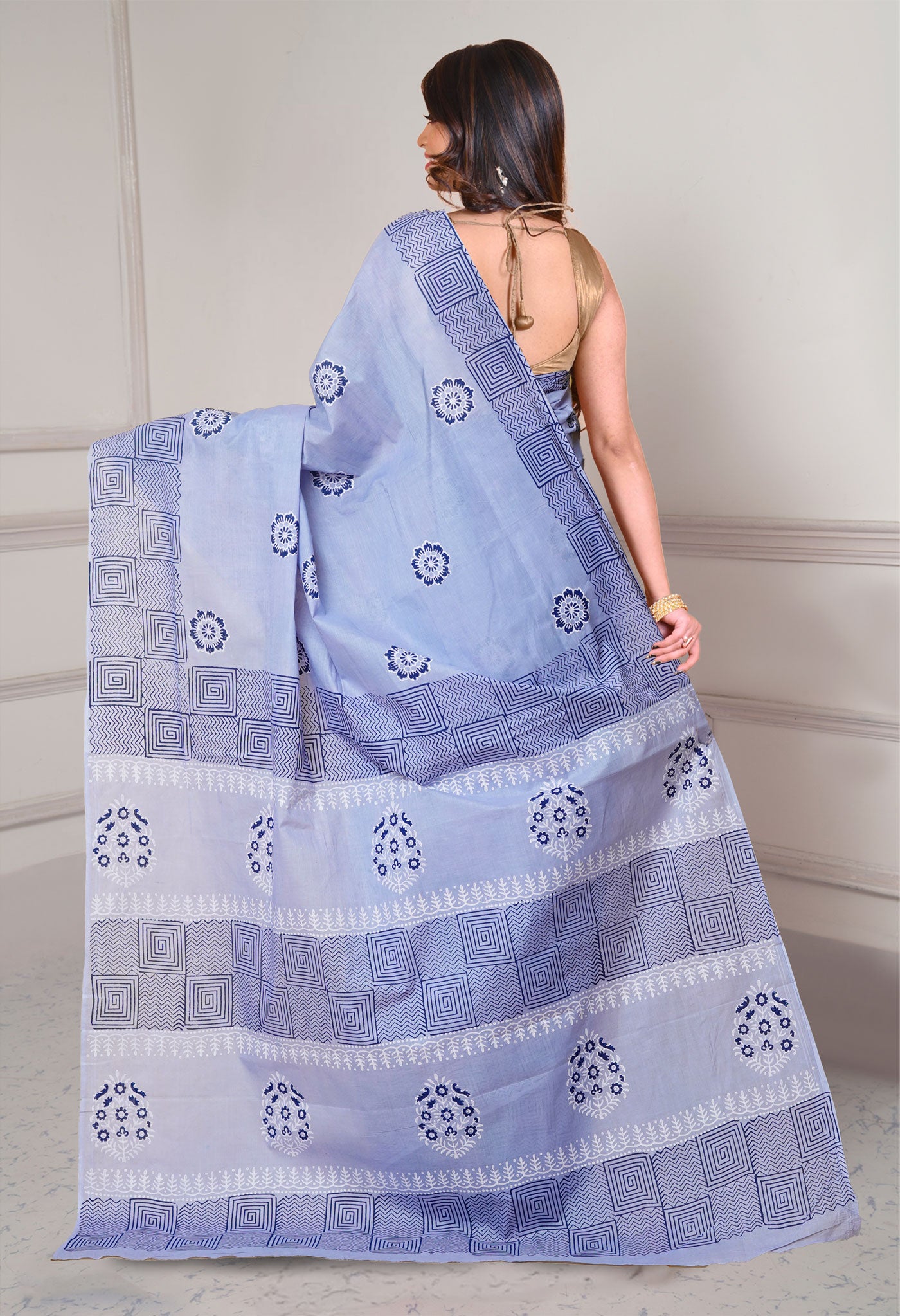 Pale Blue Pure Dyed Hand Block printed Soft Cotton Saree-UNM79970