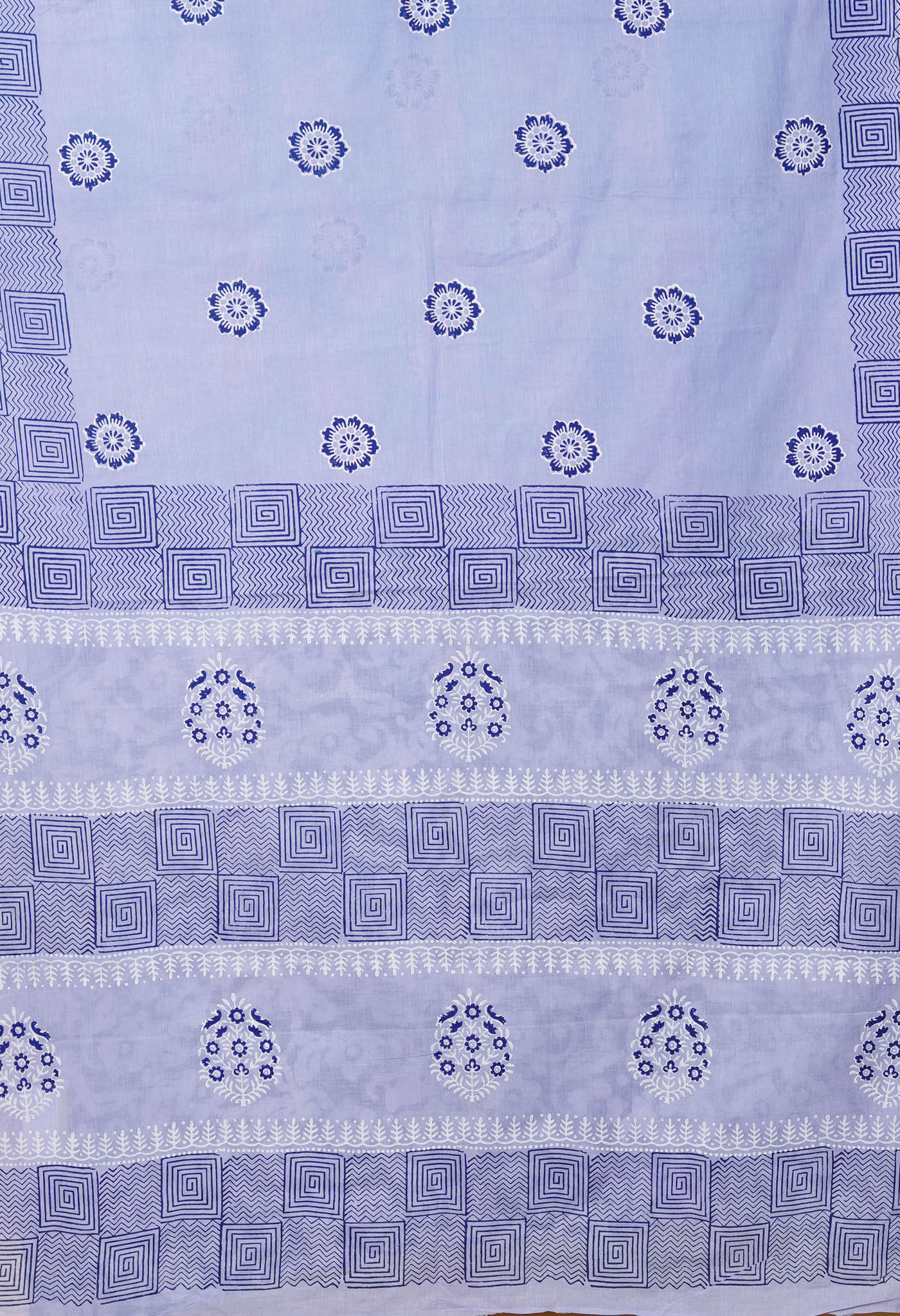 Pale Blue Pure Dyed Hand Block printed Soft Cotton Saree-UNM79970