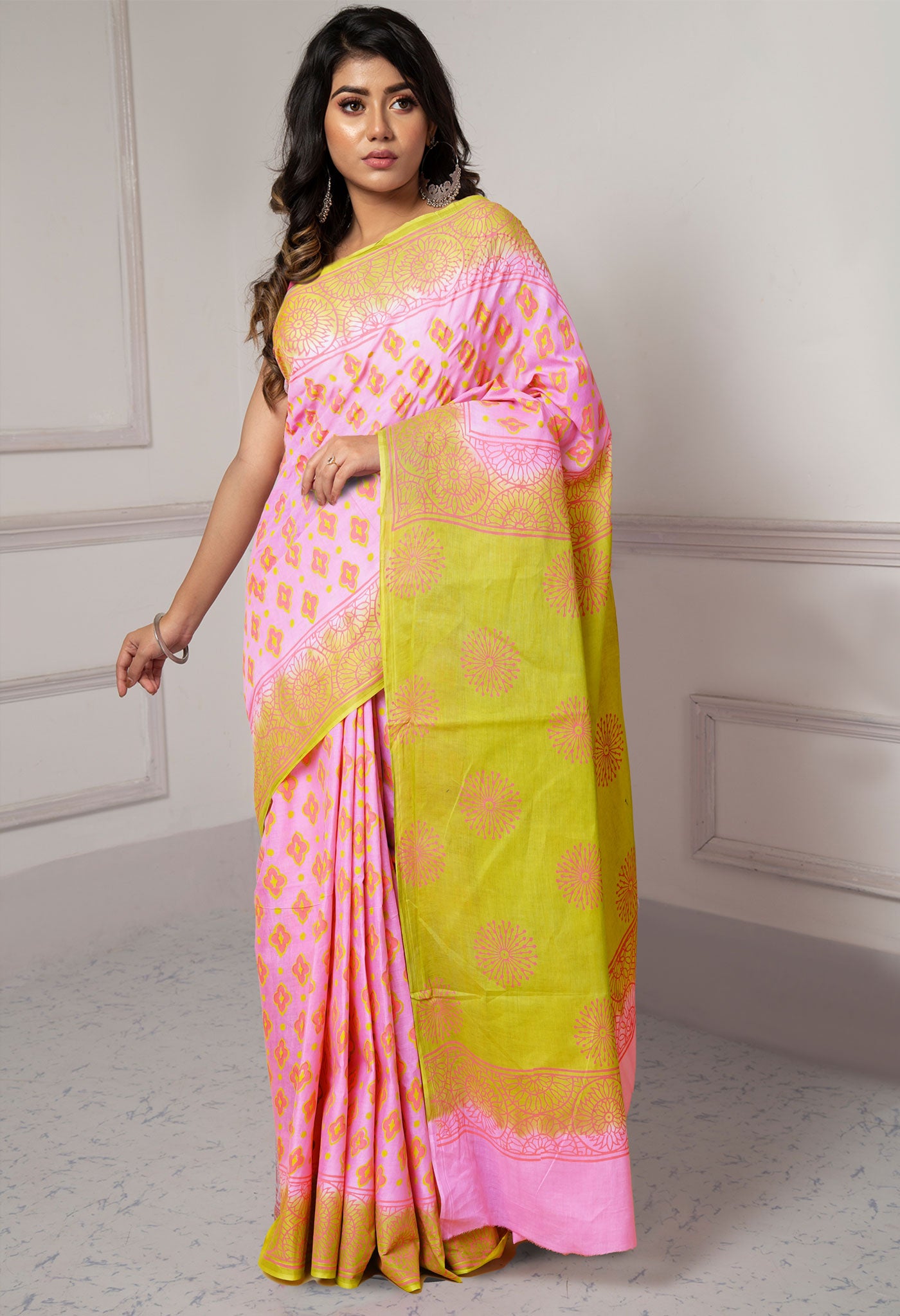 Pink-Mehindi Green Pure Dyed Hand Block printed Soft Cotton Saree-UNM79973