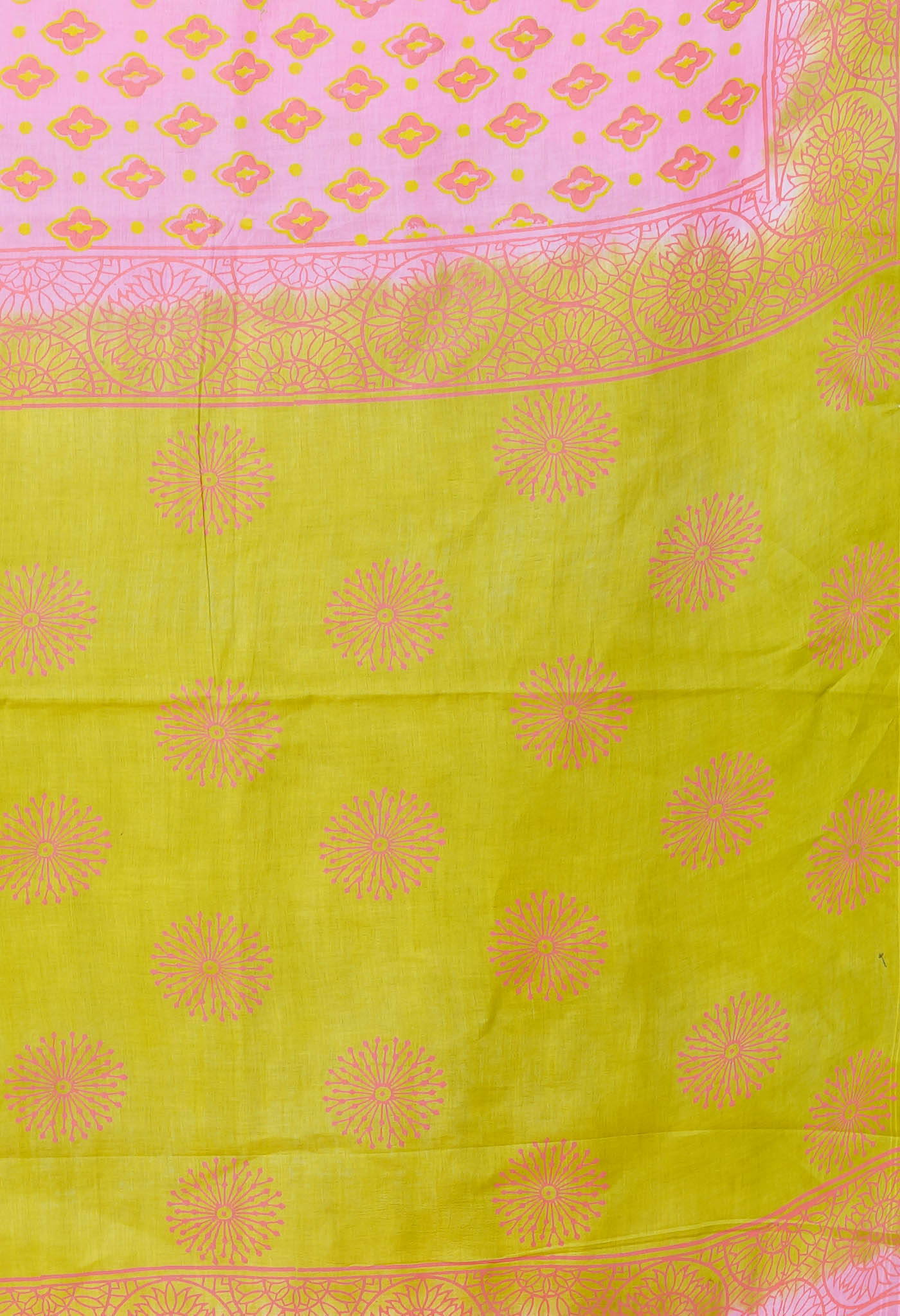 Pink-Mehindi Green Pure Dyed Hand Block printed Soft Cotton Saree-UNM79973