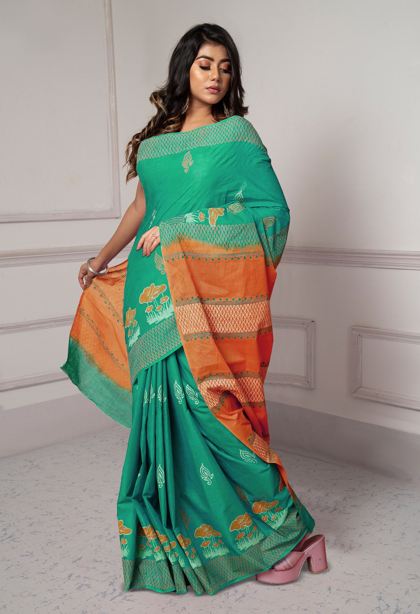 Green-Yellow Pure Dyed Hand Block printed Soft Cotton Saree-UNM79974