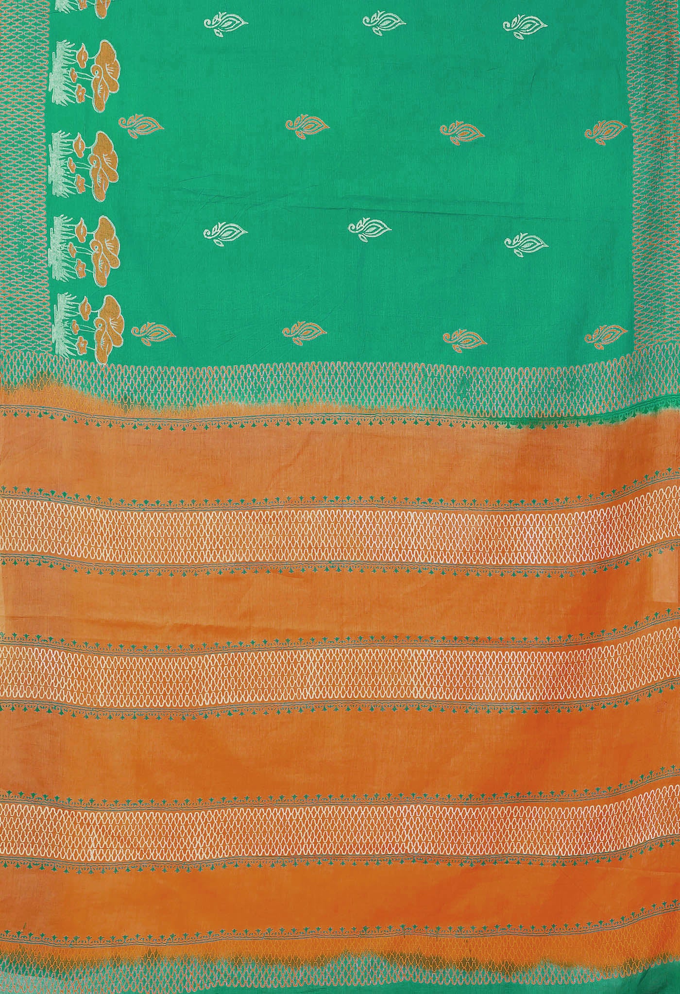 Green-Yellow Pure Dyed Hand Block printed Soft Cotton Saree-UNM79974