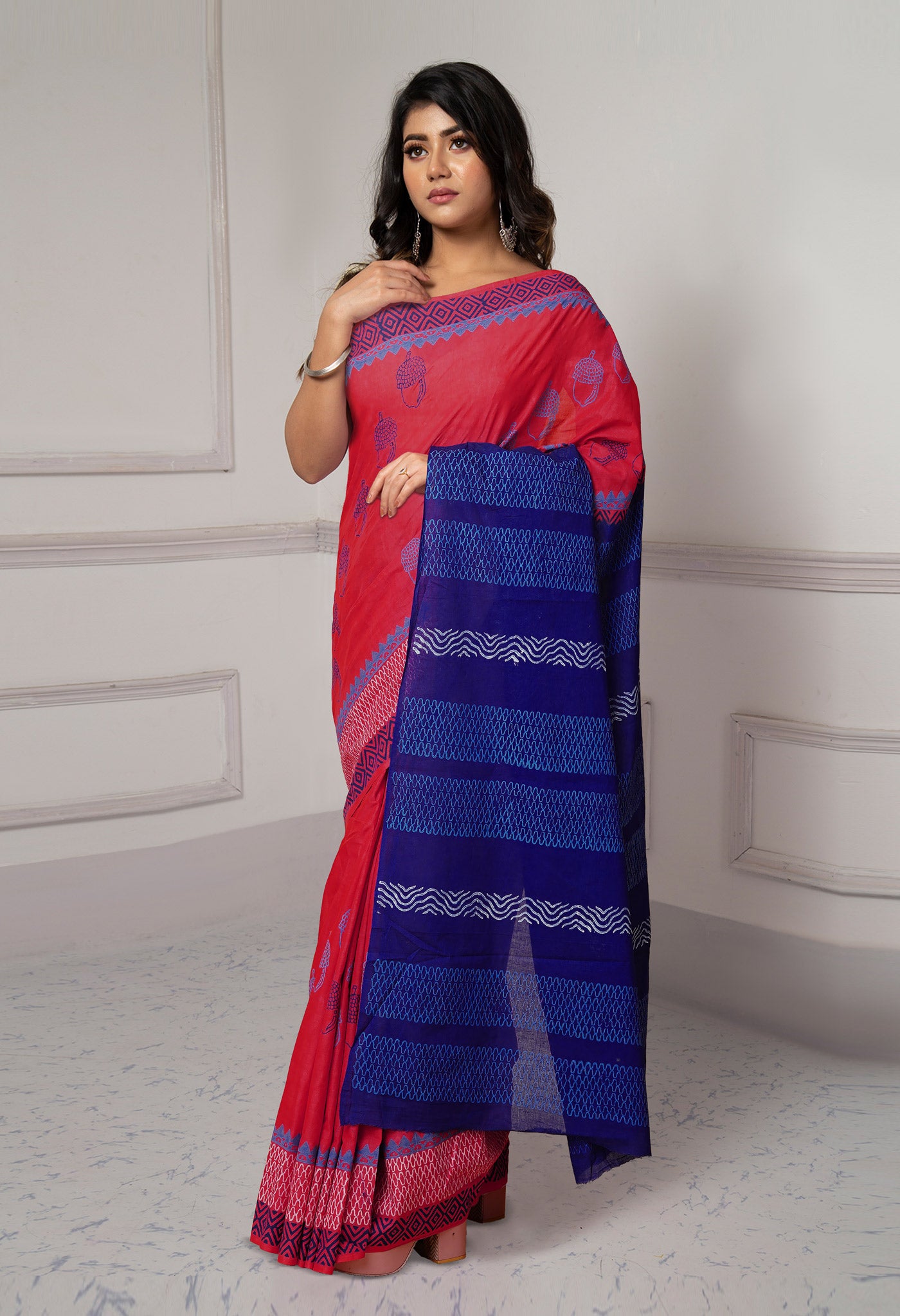 Red-Dark Blue Pure Dyed Hand Block printed Soft Cotton Saree-UNM79975