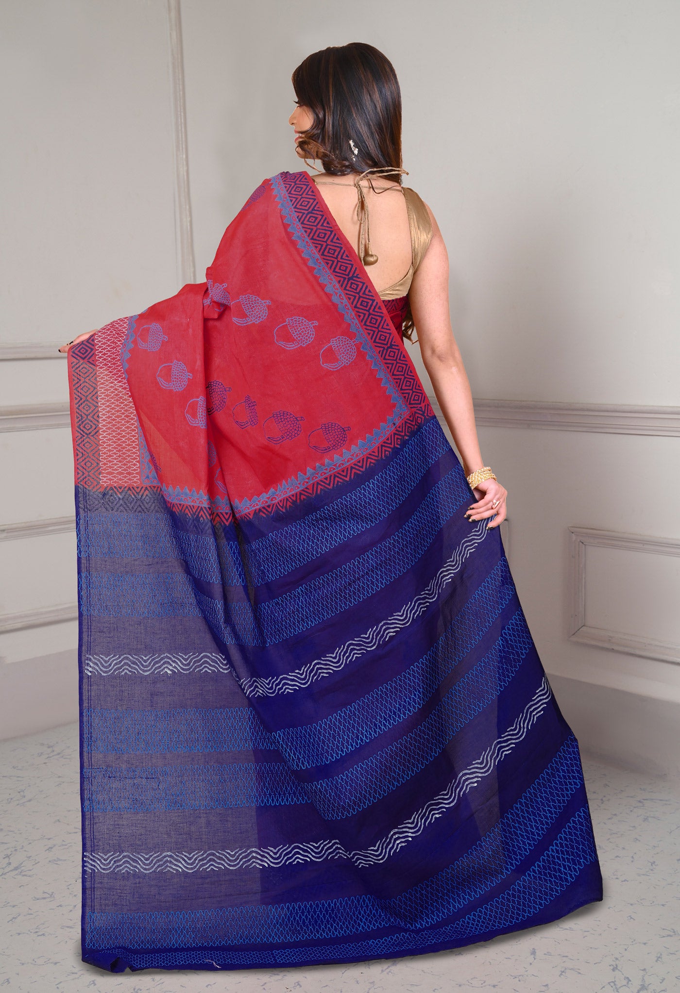 Red-Dark Blue Pure Dyed Hand Block printed Soft Cotton Saree-UNM79975