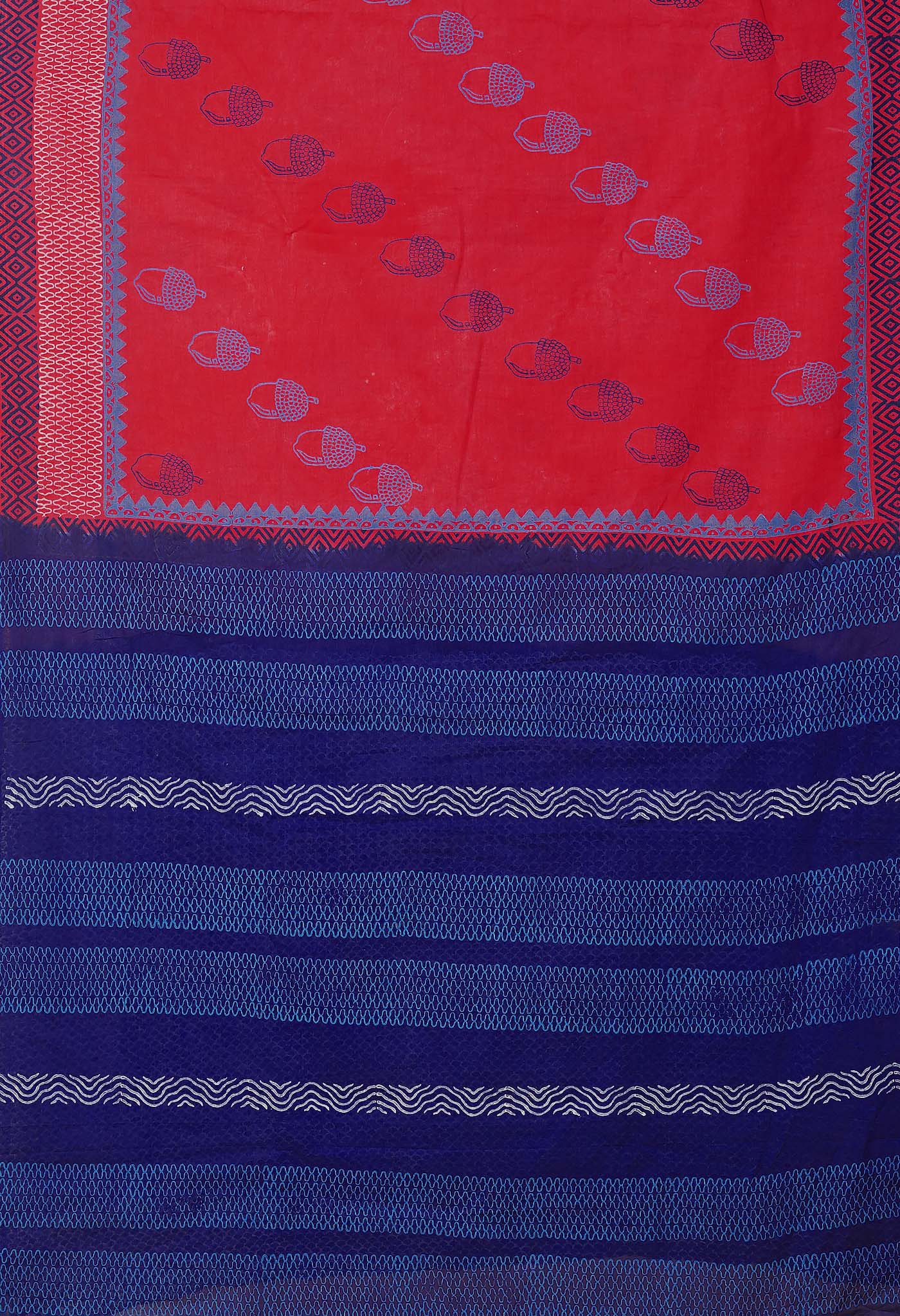 Red-Dark Blue Pure Dyed Hand Block printed Soft Cotton Saree-UNM79975