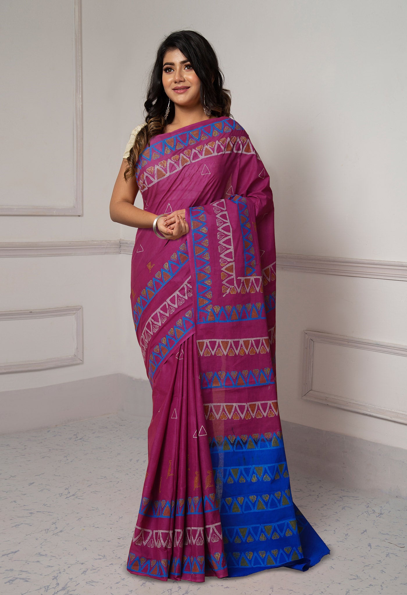 Dark Pink-Dark Blue Pure Dyed Hand Block printed Soft Cotton Saree-UNM79976