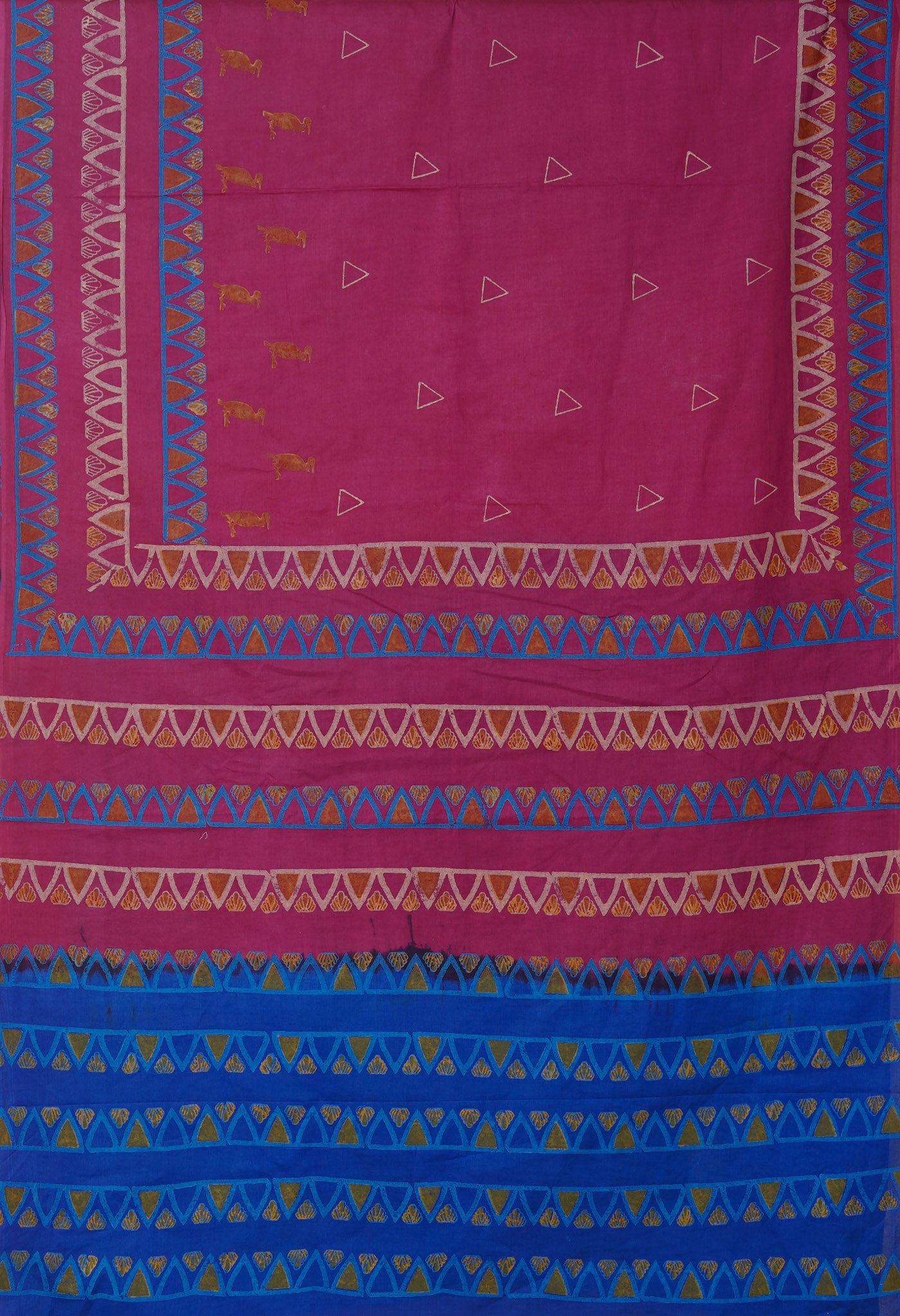 Dark Pink-Dark Blue Pure Dyed Hand Block printed Soft Cotton Saree-UNM79976