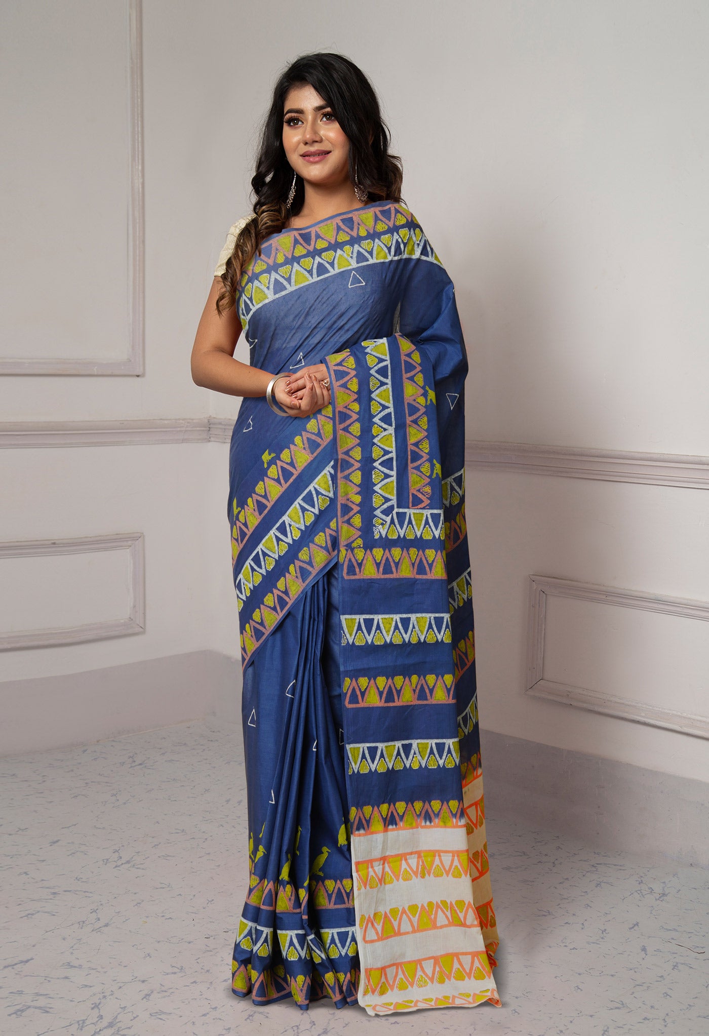 Grey-Ivory Pure Dyed Hand Block printed Soft Cotton Saree-UNM79977