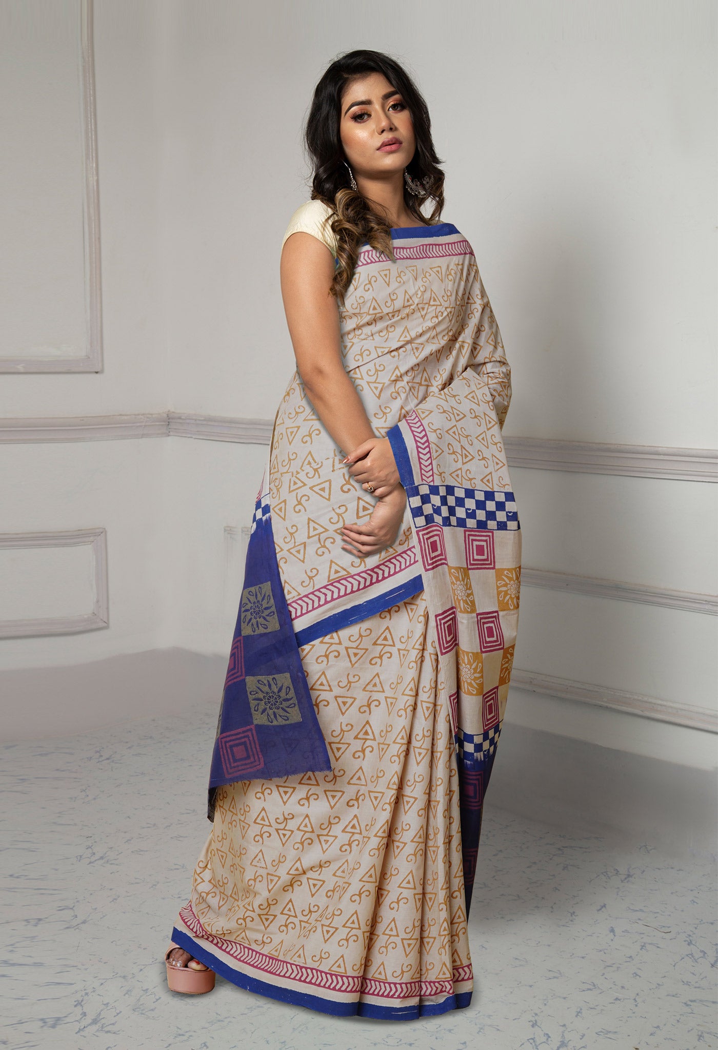 Ivory-Navy Blue Pure Dyed Hand Block printed Soft Cotton Saree-UNM79978