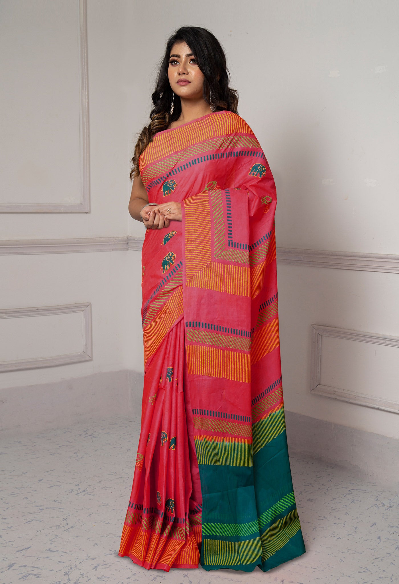 Red-Green Pure Dyed Hand Block printed Soft Cotton Saree-UNM79979