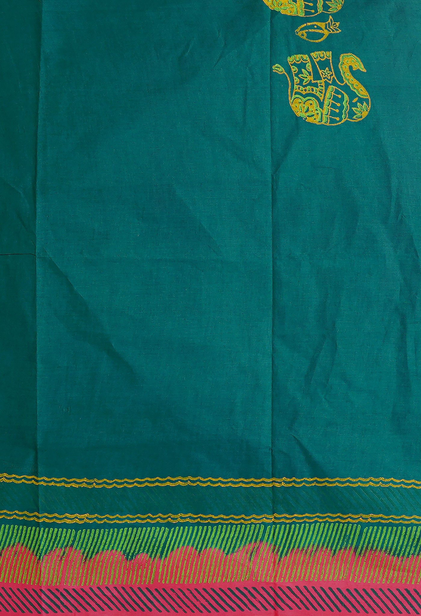 Red-Green Pure Dyed Hand Block printed Soft Cotton Saree-UNM79979