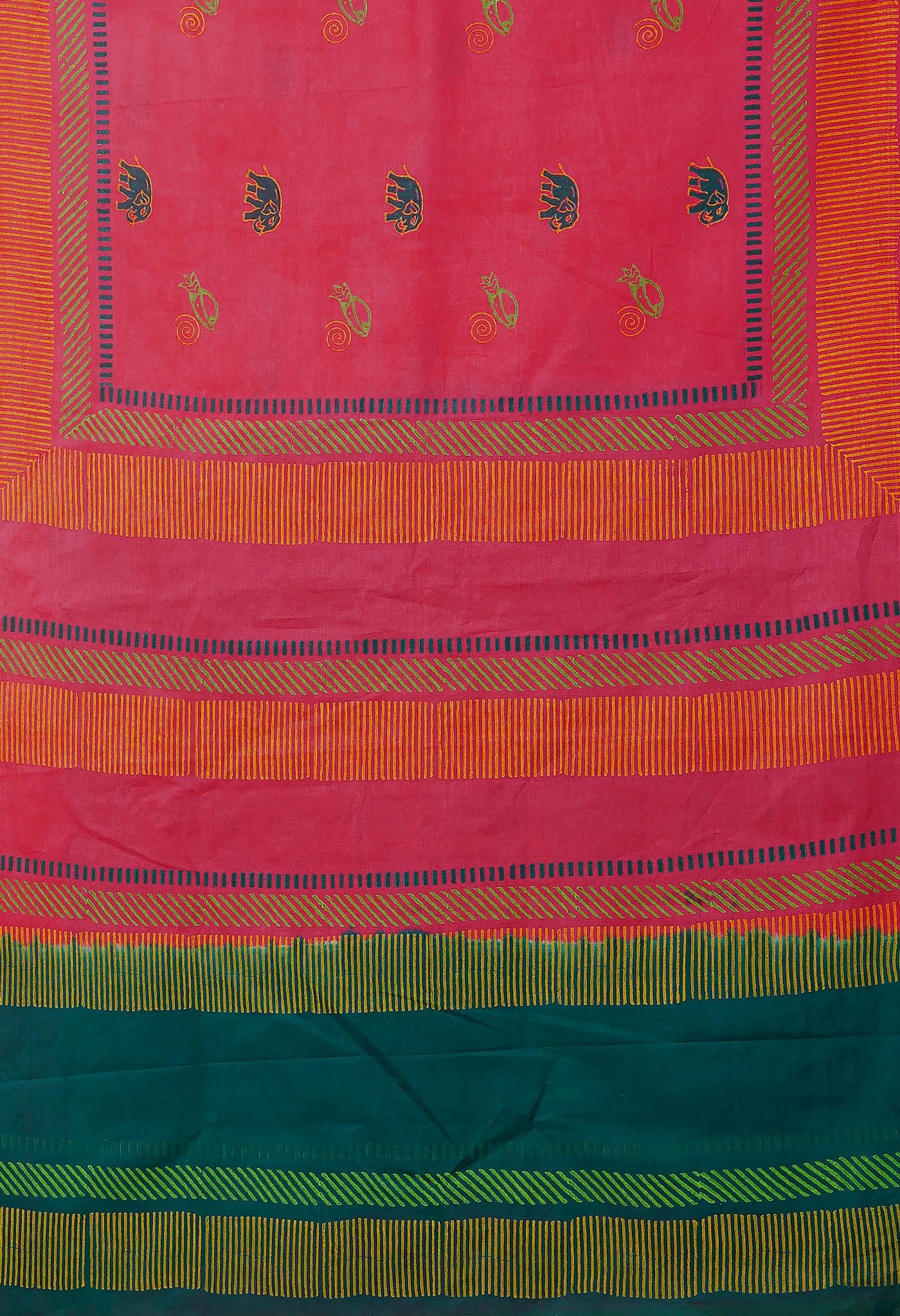 Red-Green Pure Dyed Hand Block printed Soft Cotton Saree-UNM79979