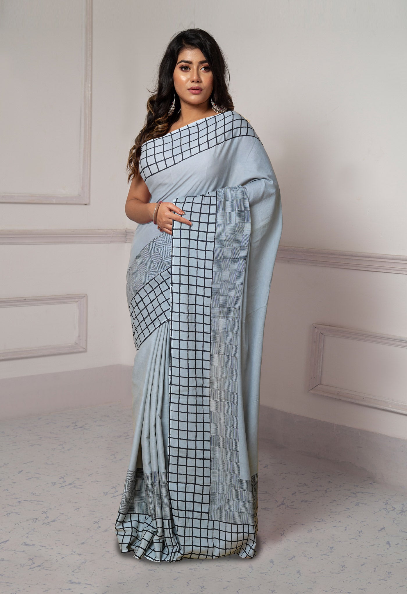 Pale Grey Pure Dyed Hand Block printed Soft Cotton Saree-UNM79982