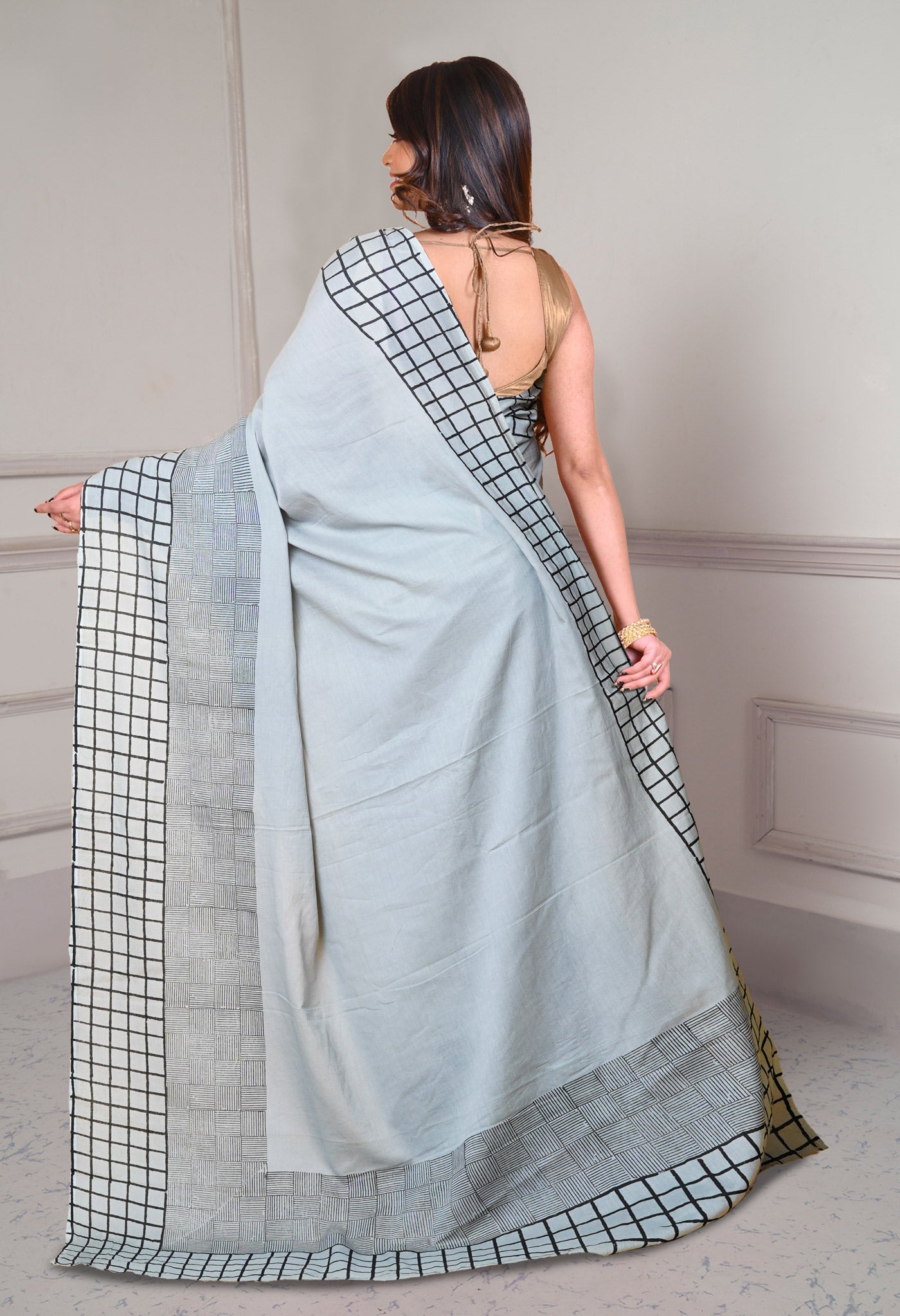 Pale Grey Pure Dyed Hand Block printed Soft Cotton Saree-UNM79982