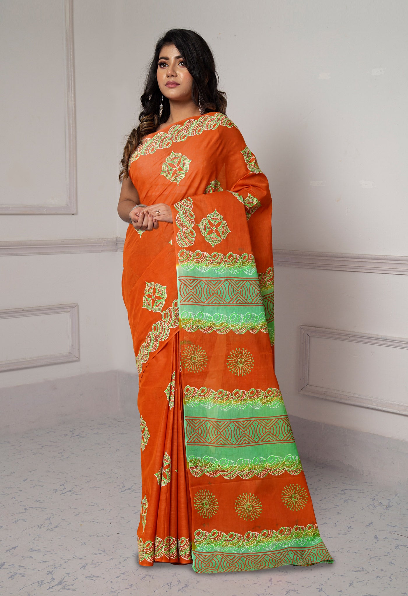 Brown-Green Pure Dyed Hand Block printed Soft Cotton Saree-UNM79983