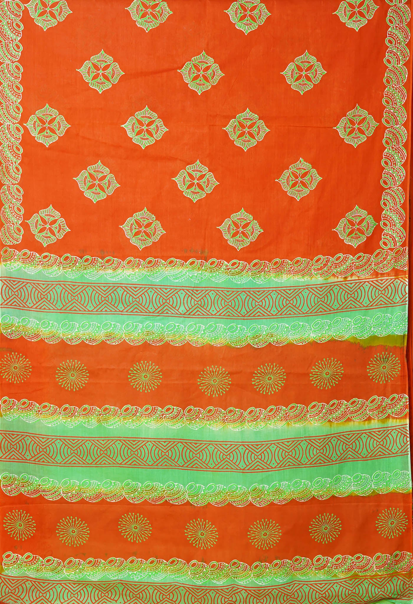 Brown-Green Pure Dyed Hand Block printed Soft Cotton Saree-UNM79983