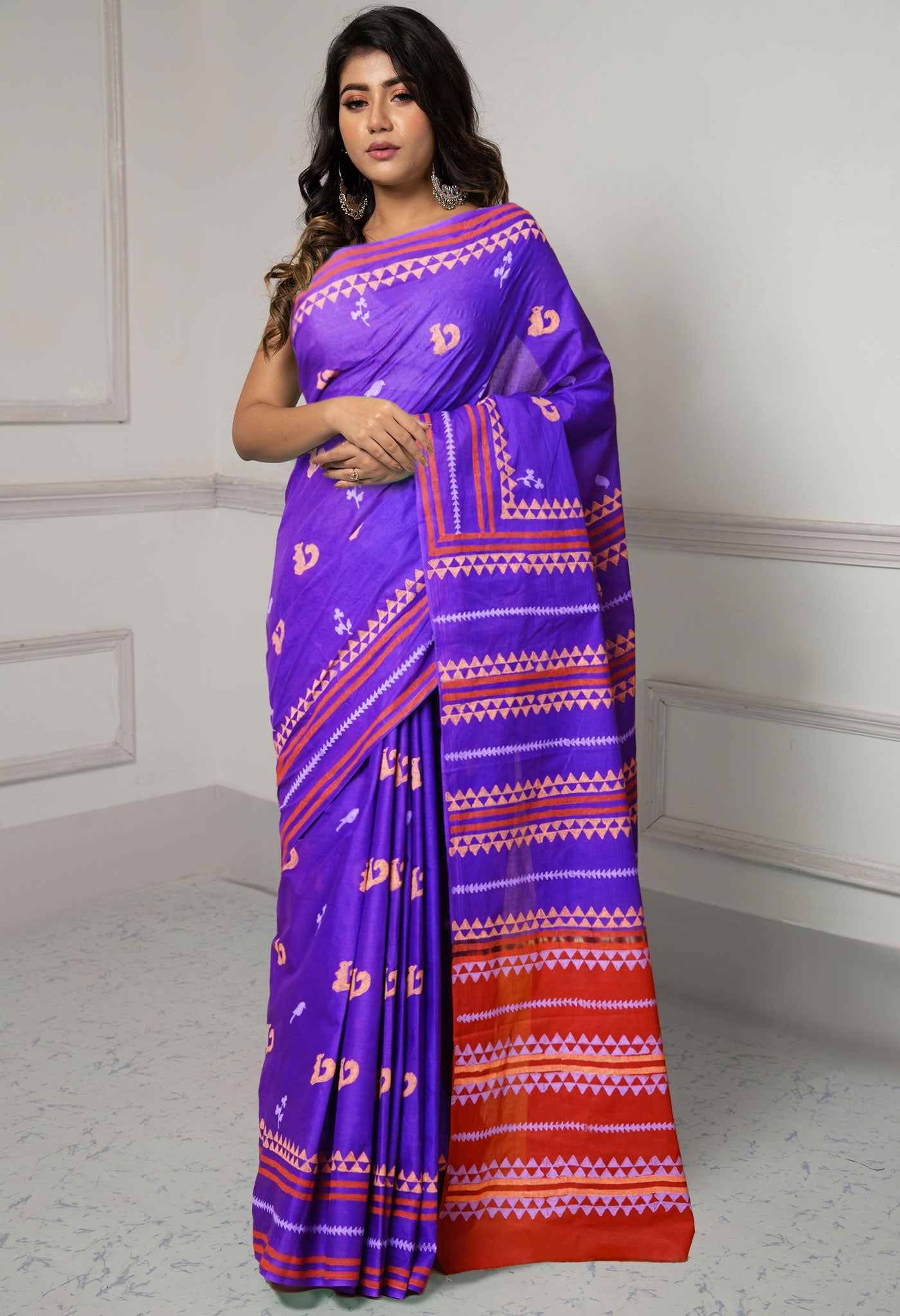 Violet-Brown Pure Dyed Hand Block printed Soft Cotton Saree-UNM79987