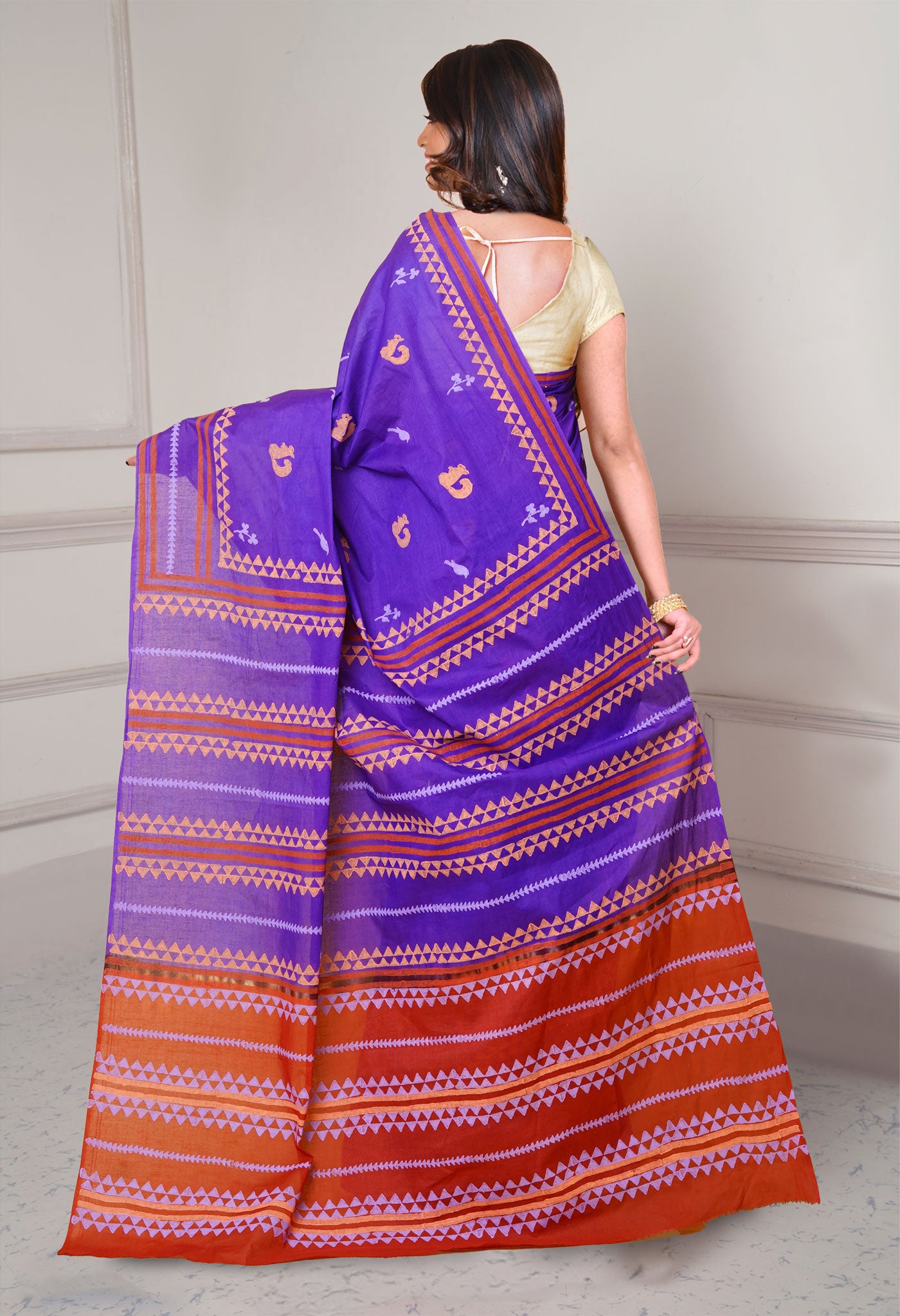 Violet-Brown Pure Dyed Hand Block printed Soft Cotton Saree-UNM79987