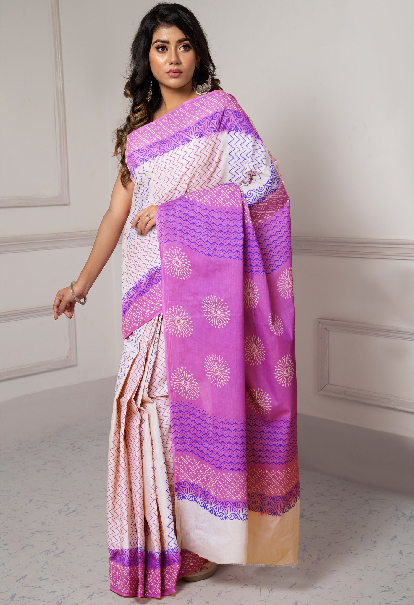 Beige-Pink Pure Dyed Hand Block printed Soft Cotton Saree-UNM79988