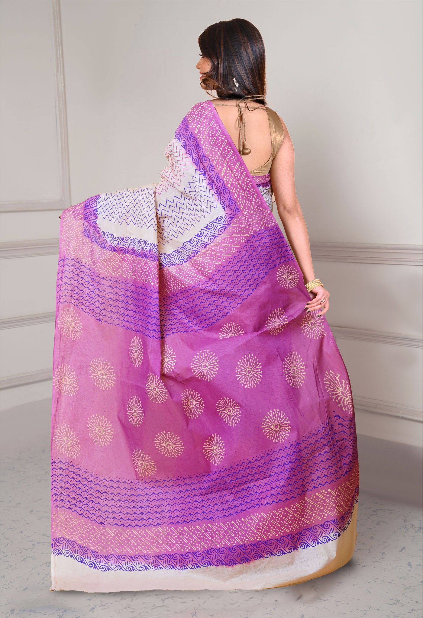 Beige-Pink Pure Dyed Hand Block printed Soft Cotton Saree-UNM79988