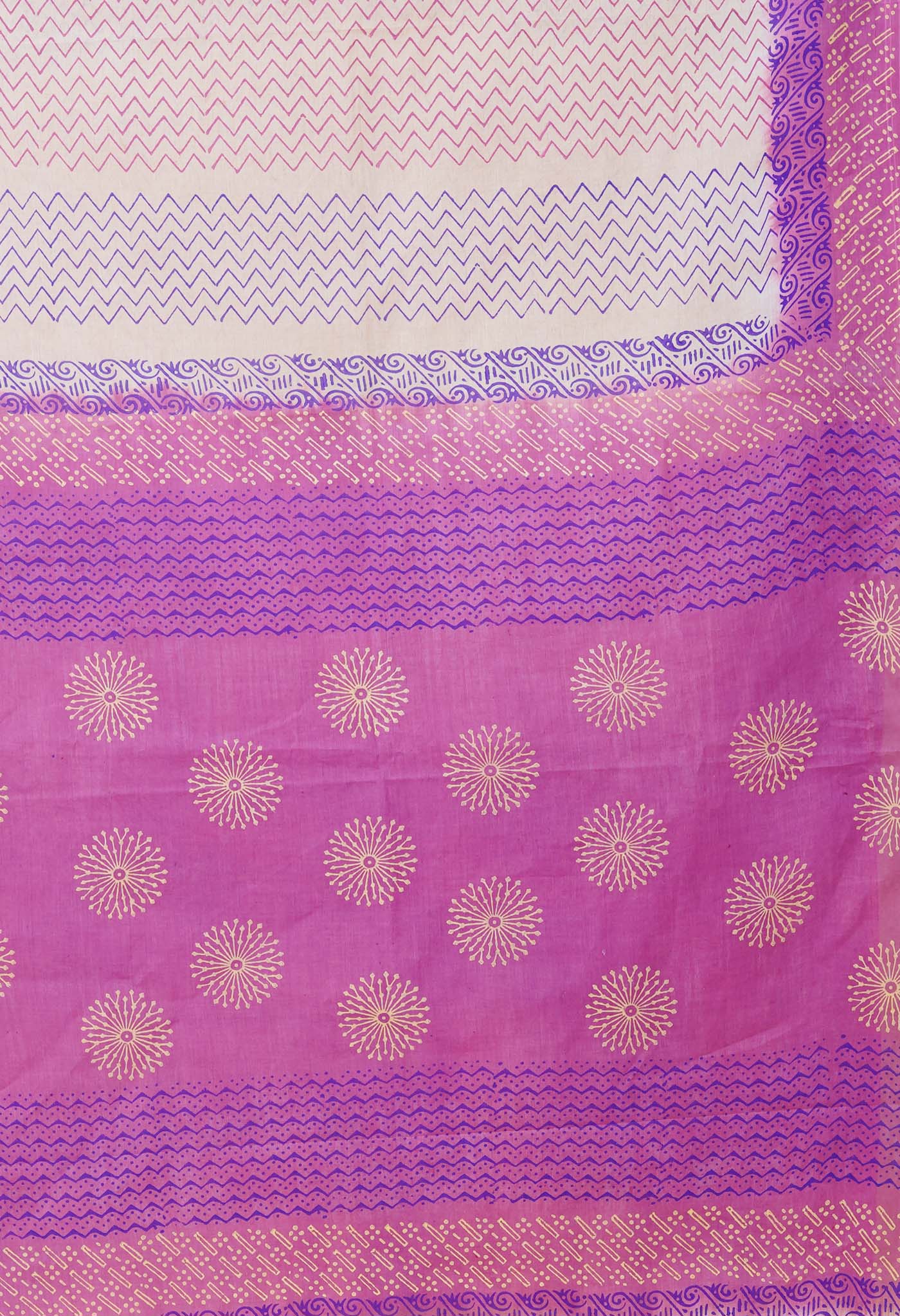 Beige-Pink Pure Dyed Hand Block printed Soft Cotton Saree-UNM79988