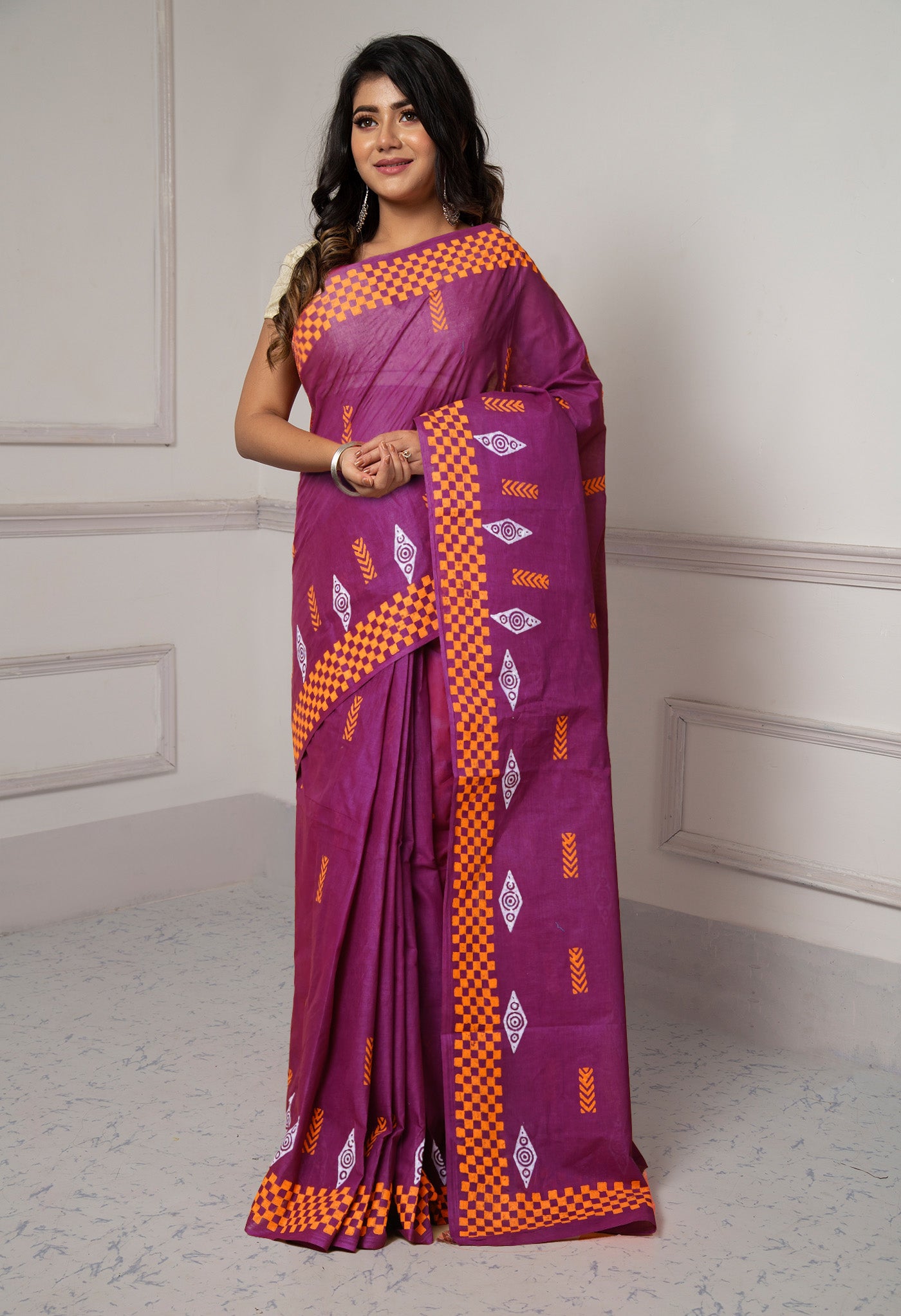 Dark Purple-Orange Pure Dyed Hand Block printed Soft Cotton Saree-UNM79989