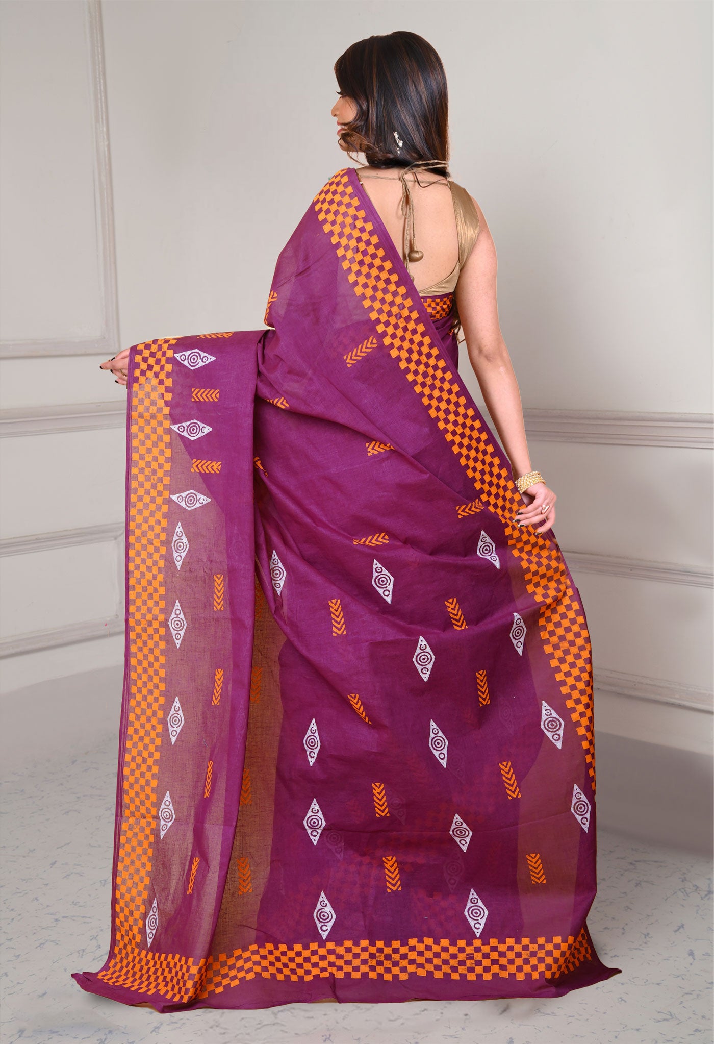 Dark Purple-Orange Pure Dyed Hand Block printed Soft Cotton Saree-UNM79989