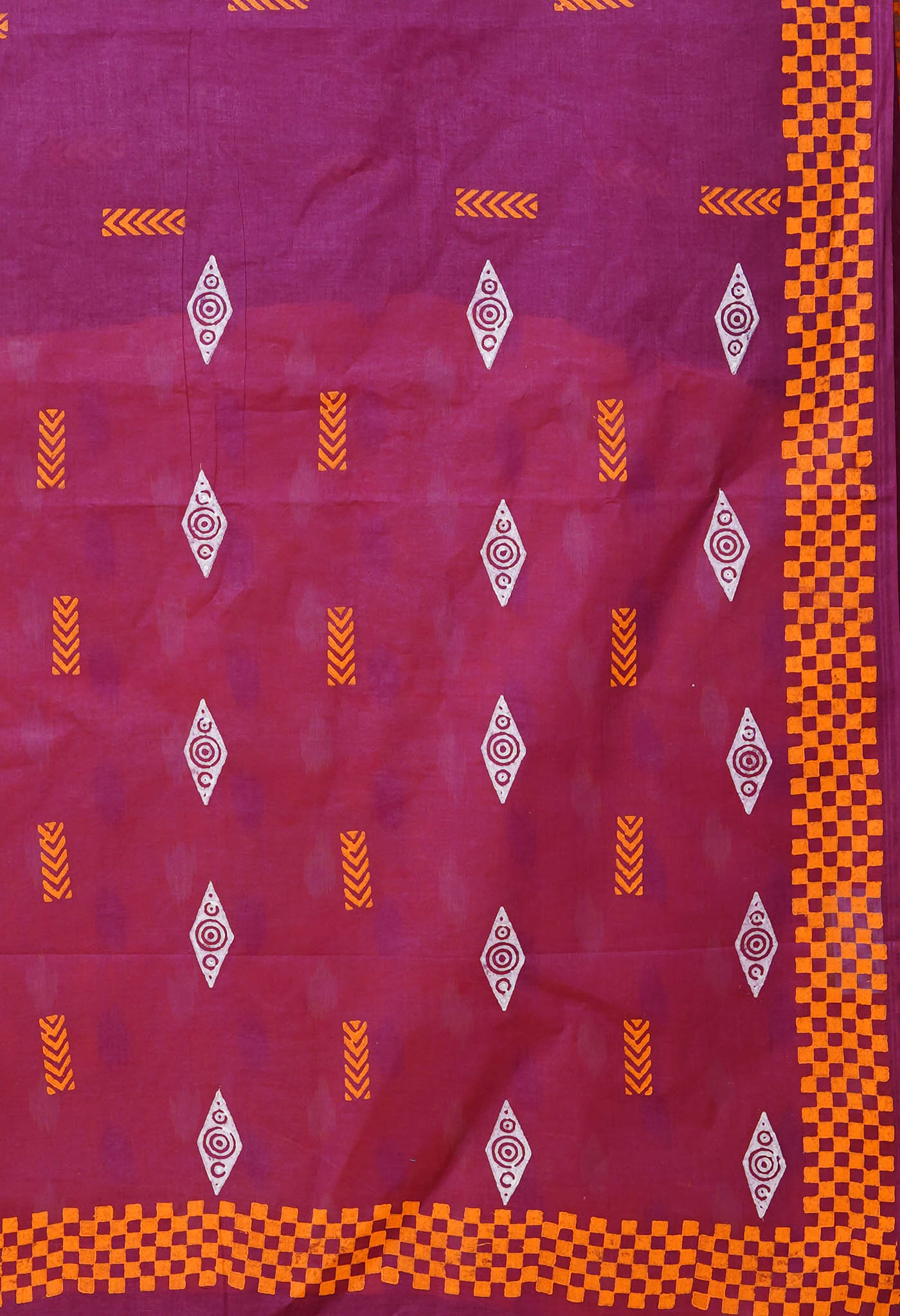 Dark Purple-Orange Pure Dyed Hand Block printed Soft Cotton Saree-UNM79989