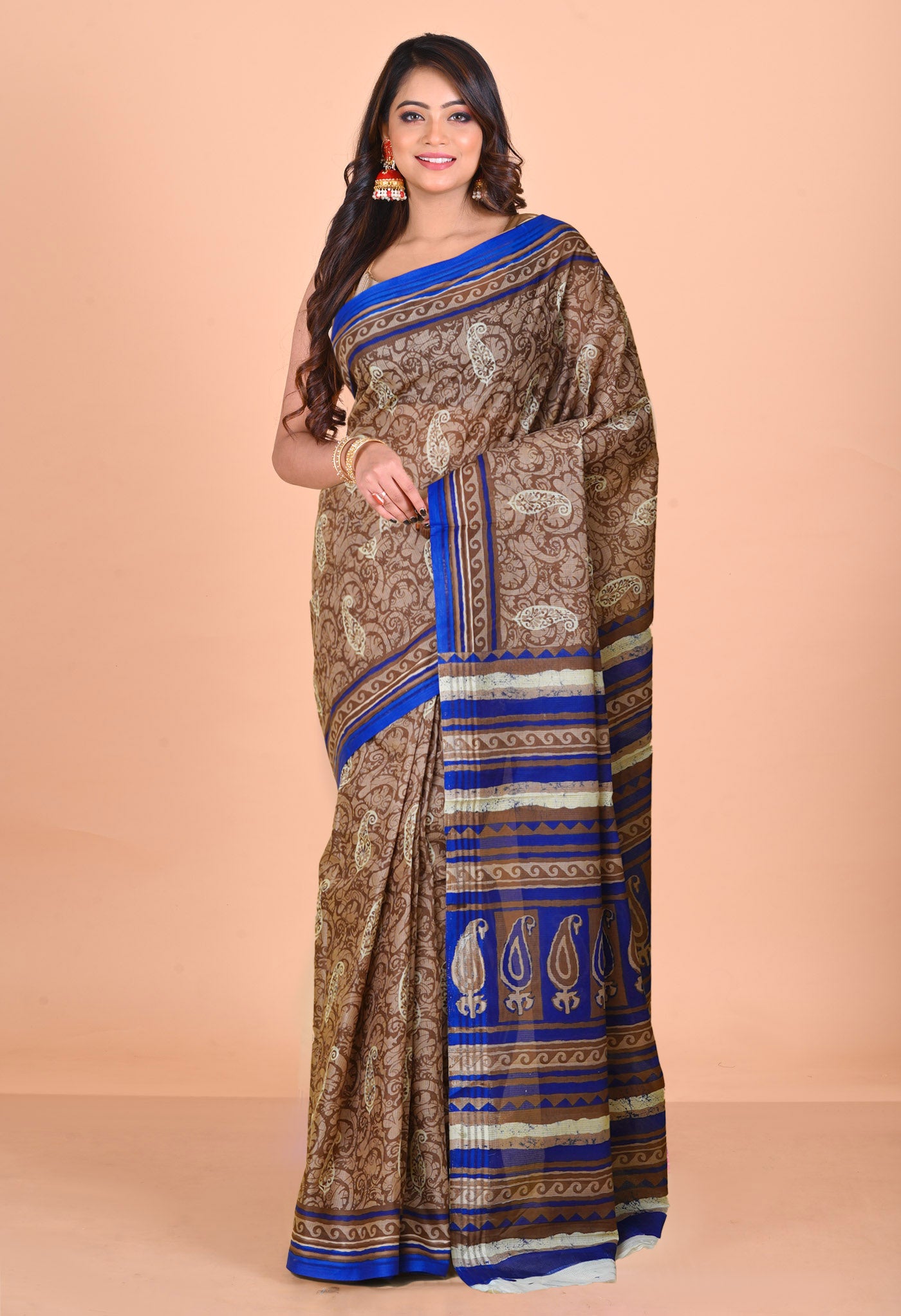 Brown Pure Hand Block Printed Kota Saree-UNM79905