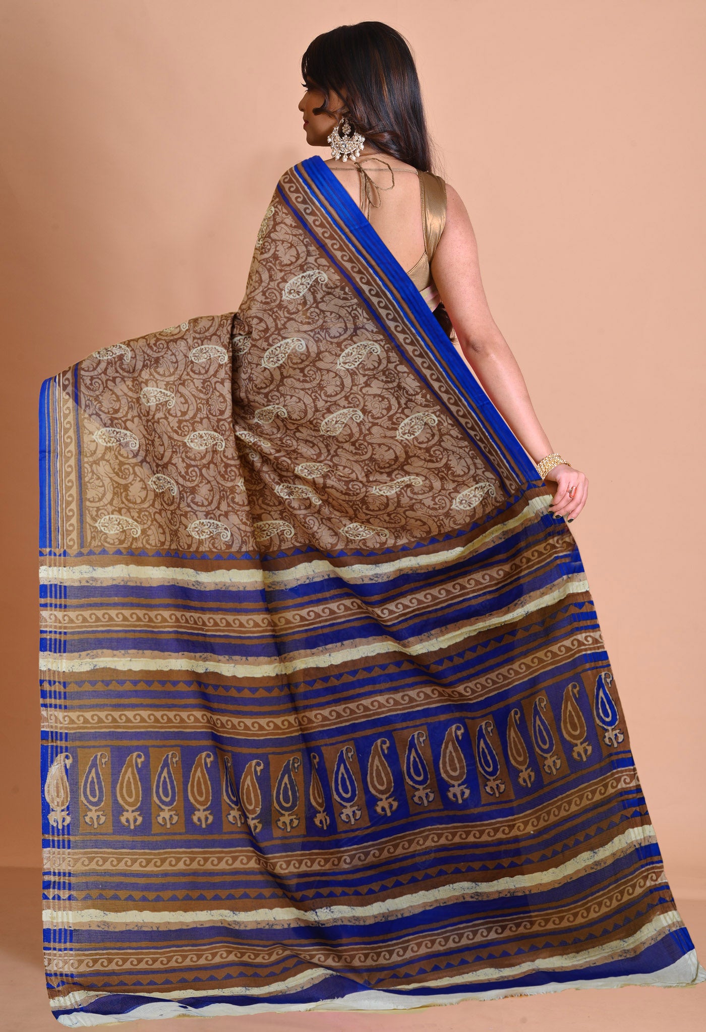 Brown Pure Hand Block Printed Kota Saree-UNM79905