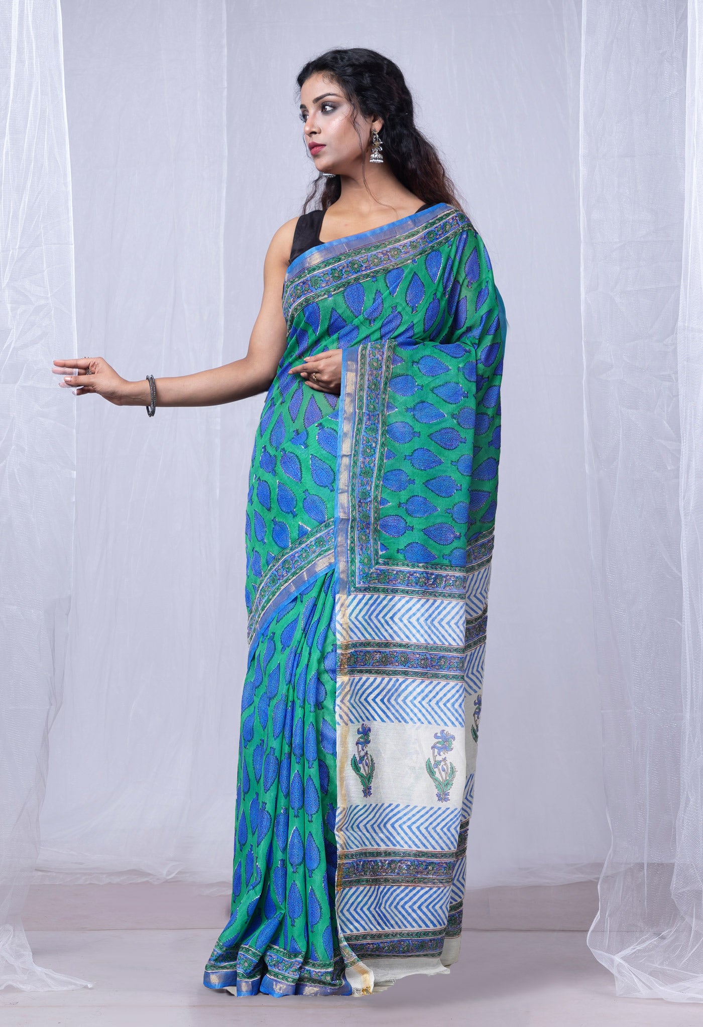 Green-Blue Pure Pashmina Block Printed Chanderi Soft Silk Saree-UNM79993