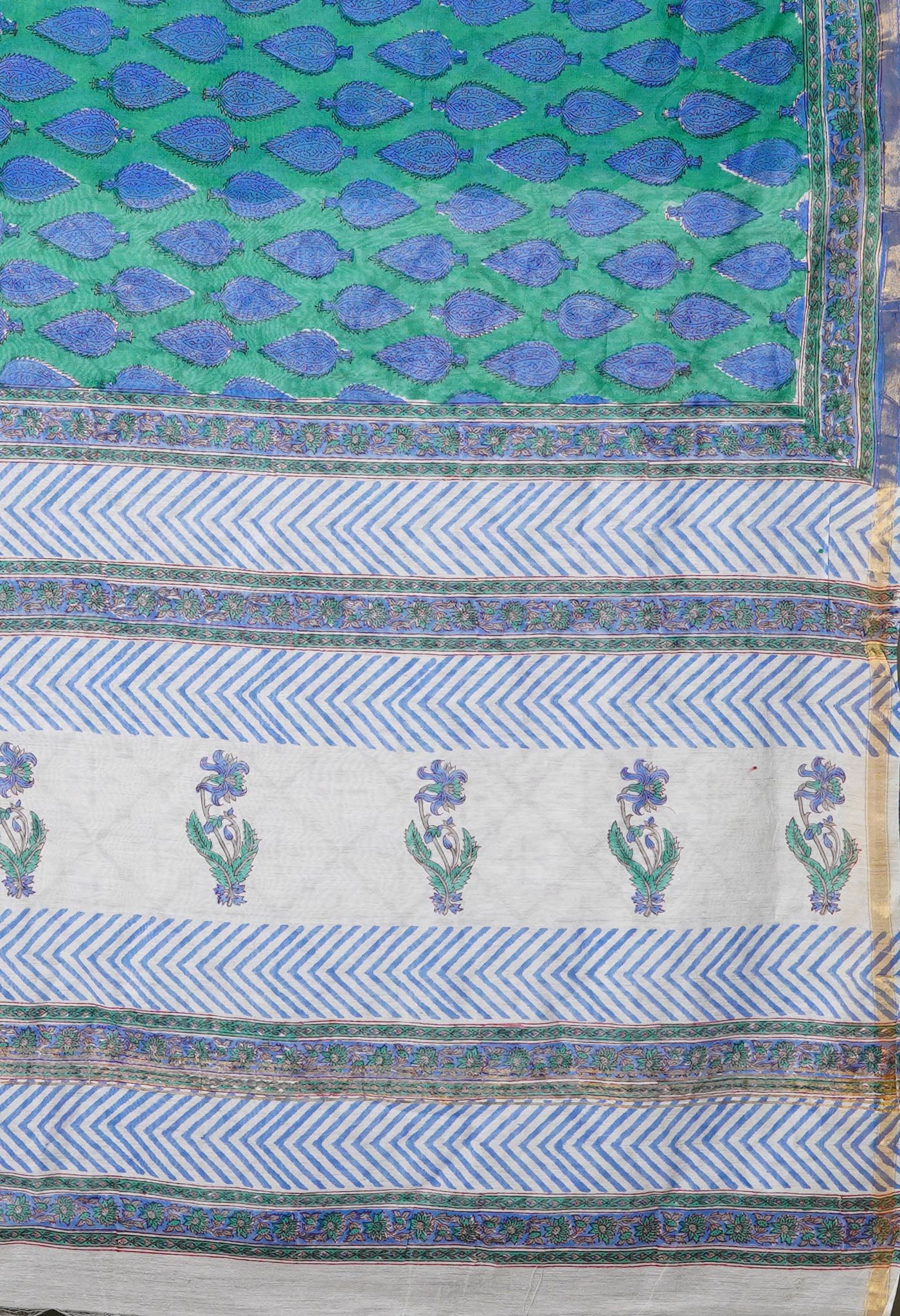 Green-Blue Pure Pashmina Block Printed Chanderi Soft Silk Saree-UNM79993