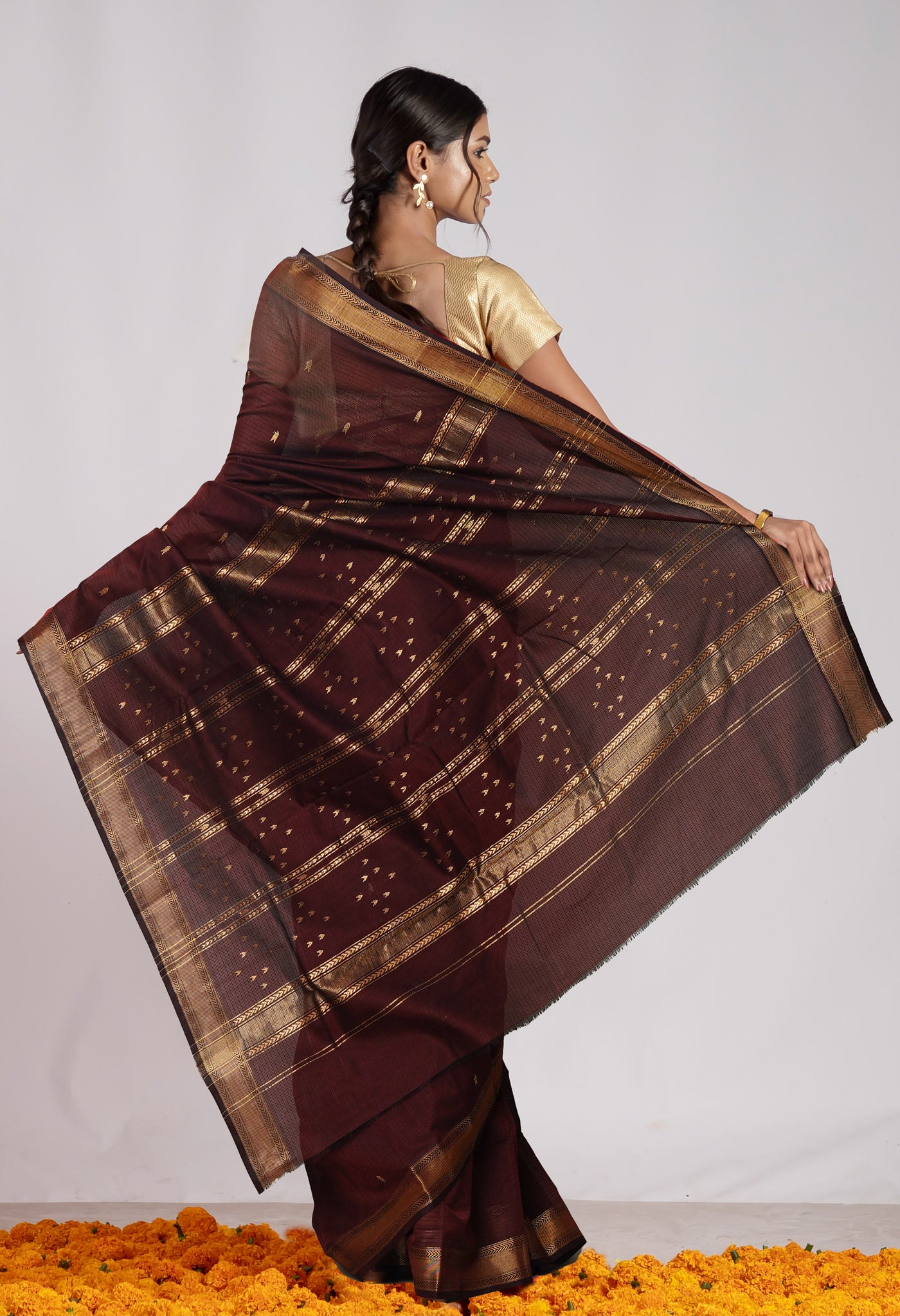 Dark Chocolate Brown Pure Handloom Maheshwari Sico Saree-UNM80008