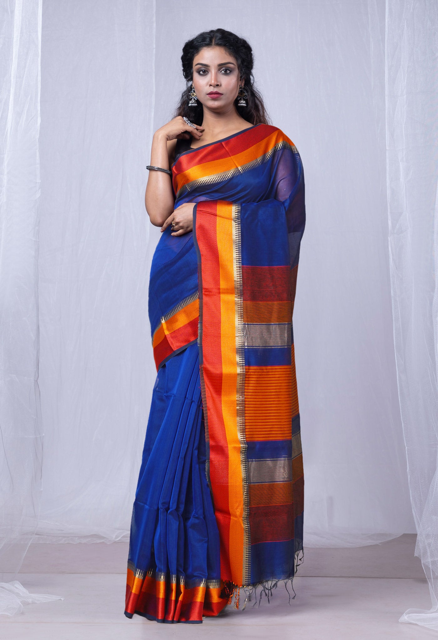 Dark Blue Pure Handloom Maheshwari Sico Saree-UNM80017