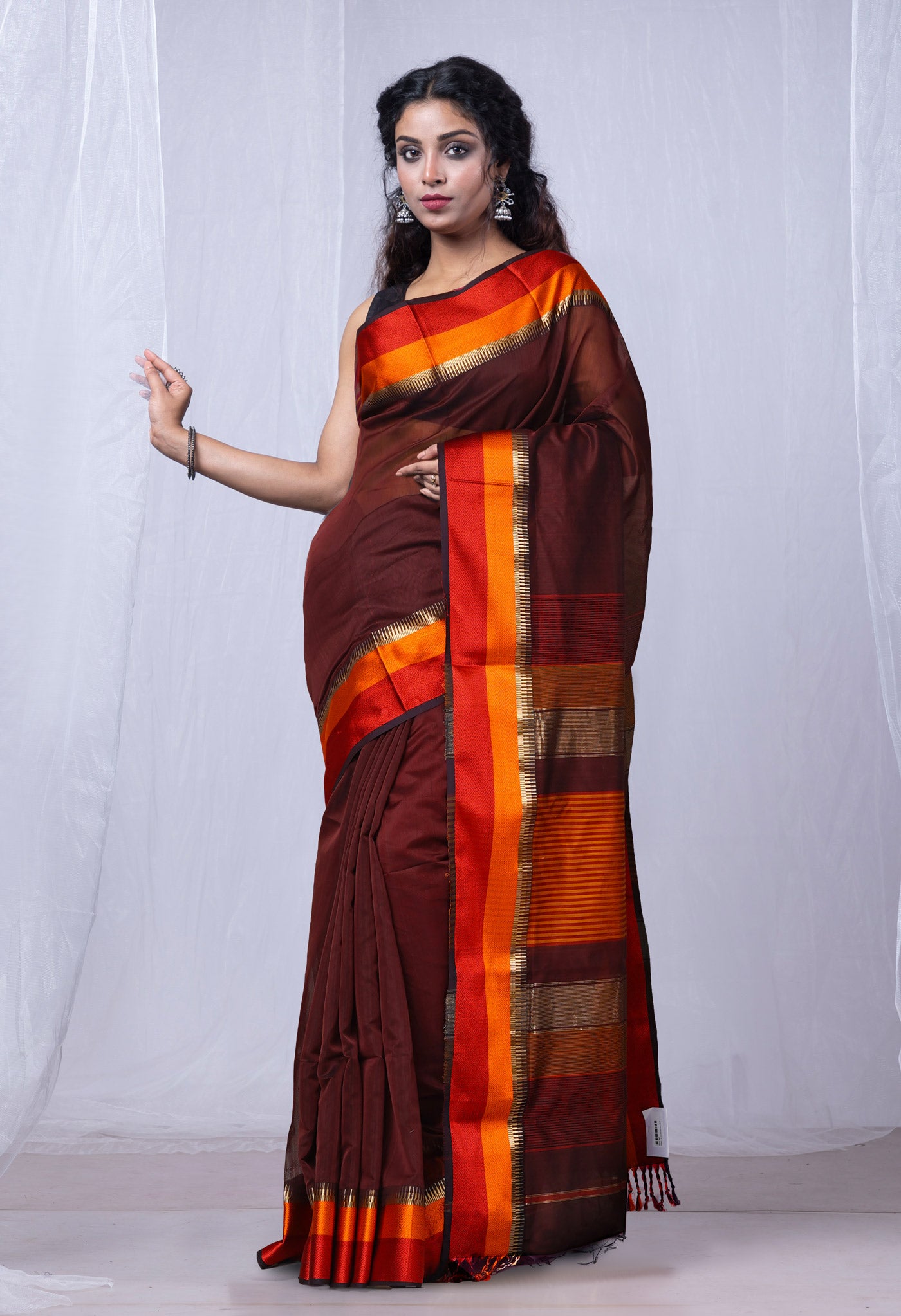 Dark Chocolate Brown Pure Handloom Maheshwari Sico Saree-UNM80019