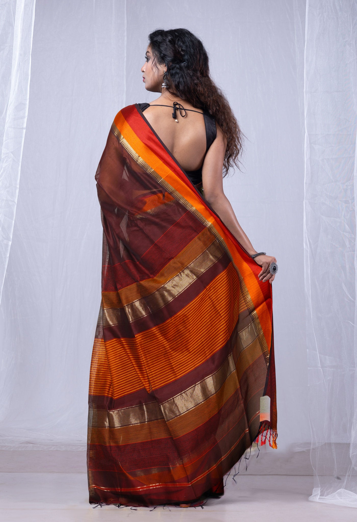 Dark Chocolate Brown Pure Handloom Maheshwari Sico Saree-UNM80019