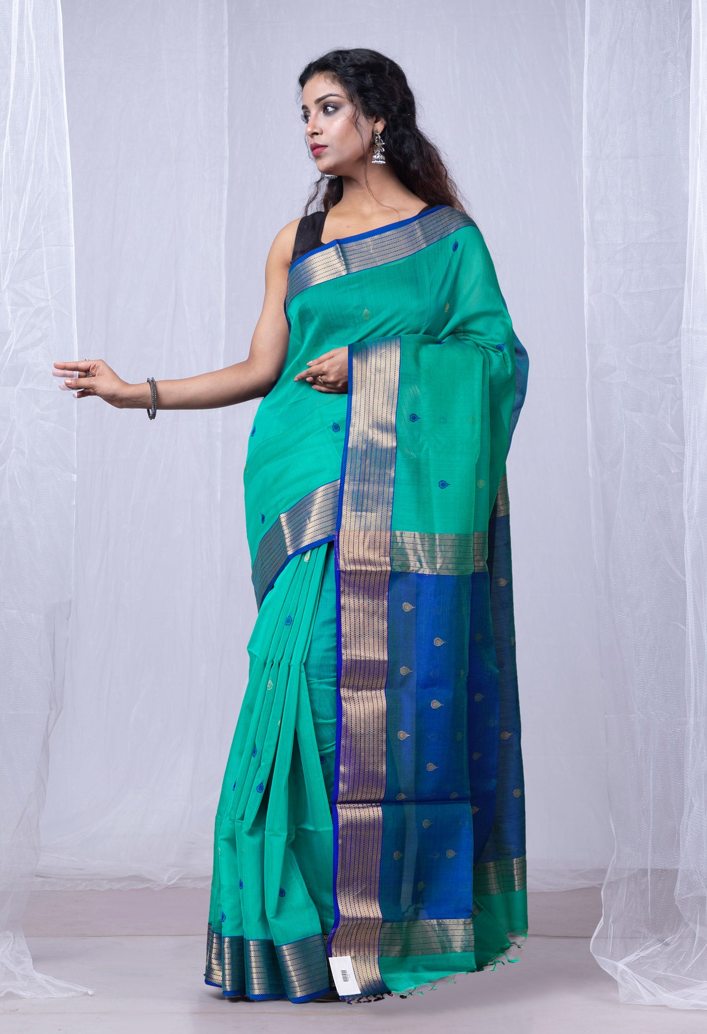 Teal Blue Pure Handloom Maheshwari Sico Saree-UNM80021