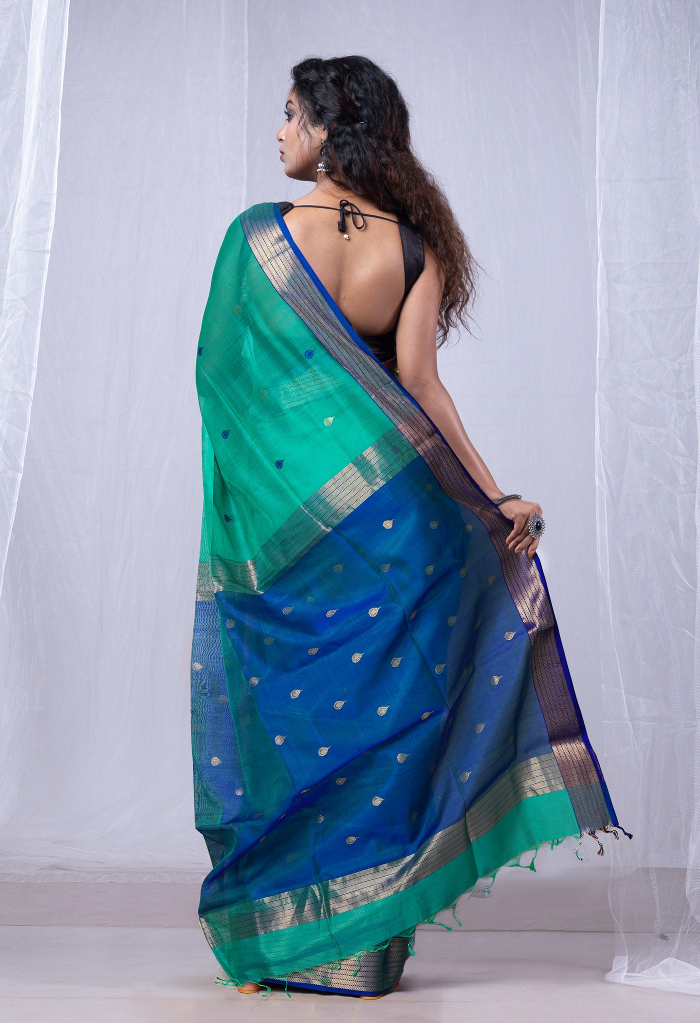 Teal Blue Pure Handloom Maheshwari Sico Saree-UNM80021